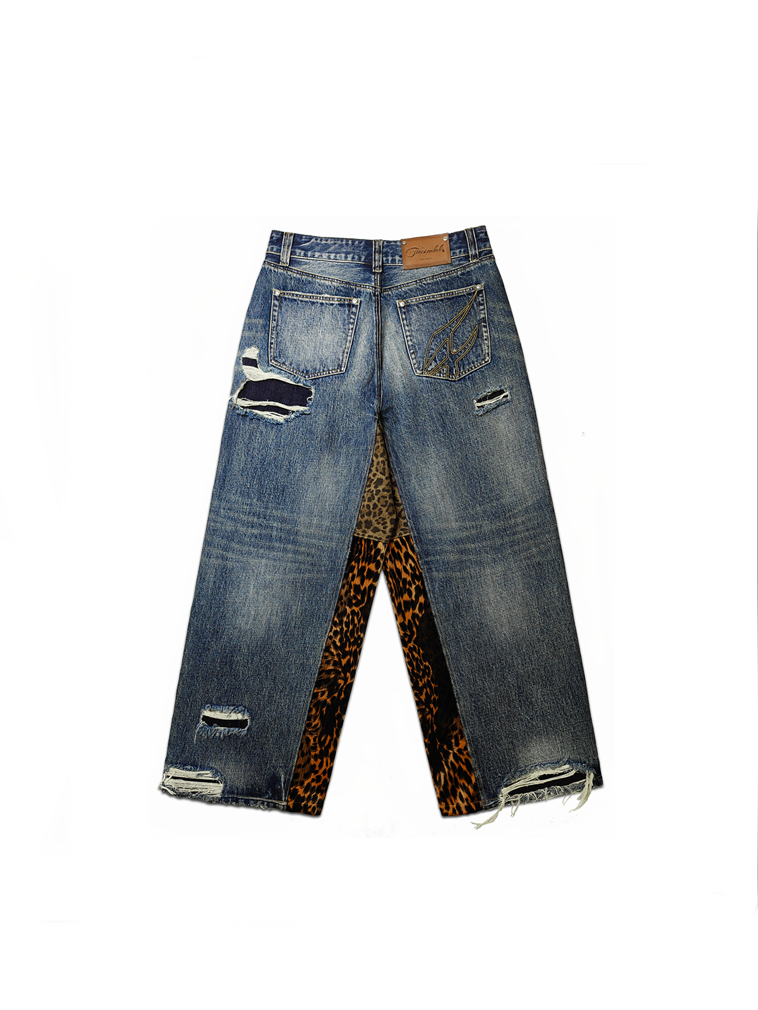 FACEONLAB Distressed Patch Leopard Paneled Jeans, premium urban and streetwear designers apparel on PROJECTISR.com, FACEONLAB