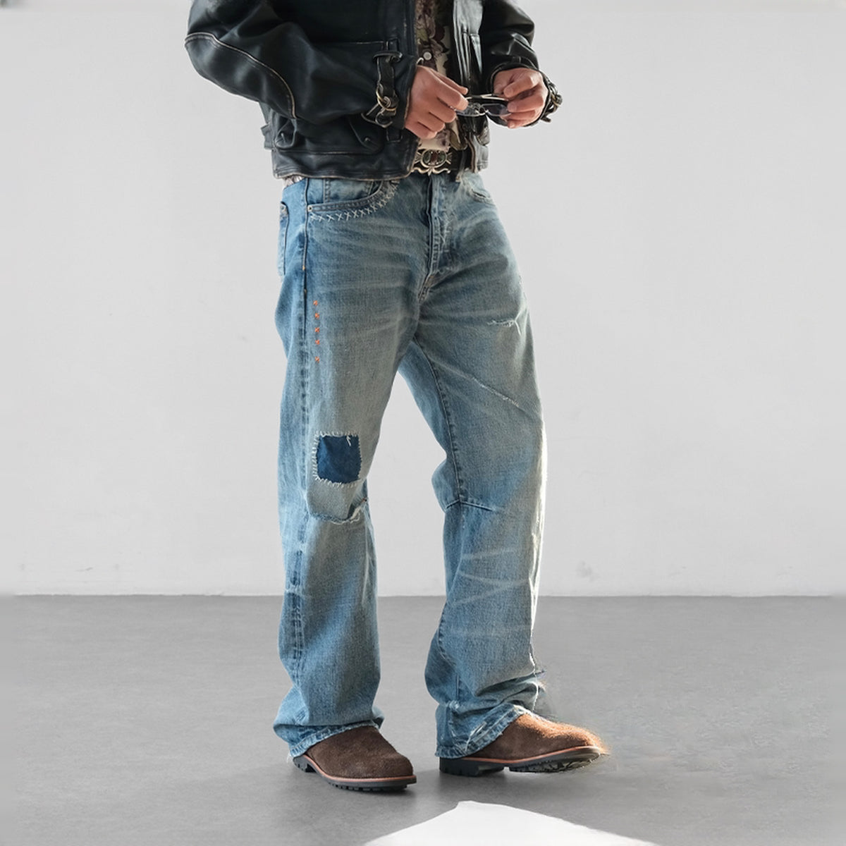 NEIGBORL Distressed Patchwork Mid-Rise Straight-Leg Jeans — square · front