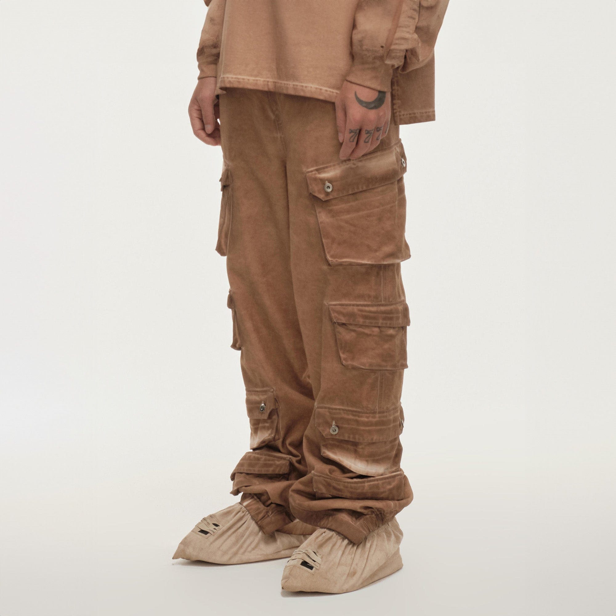 LIFEGOESON Distressed Multi-Pocket Layered Cargo Pants Earth, premium urban and streetwear designers apparel on PROJECTISR.com, LIFEGOESON
