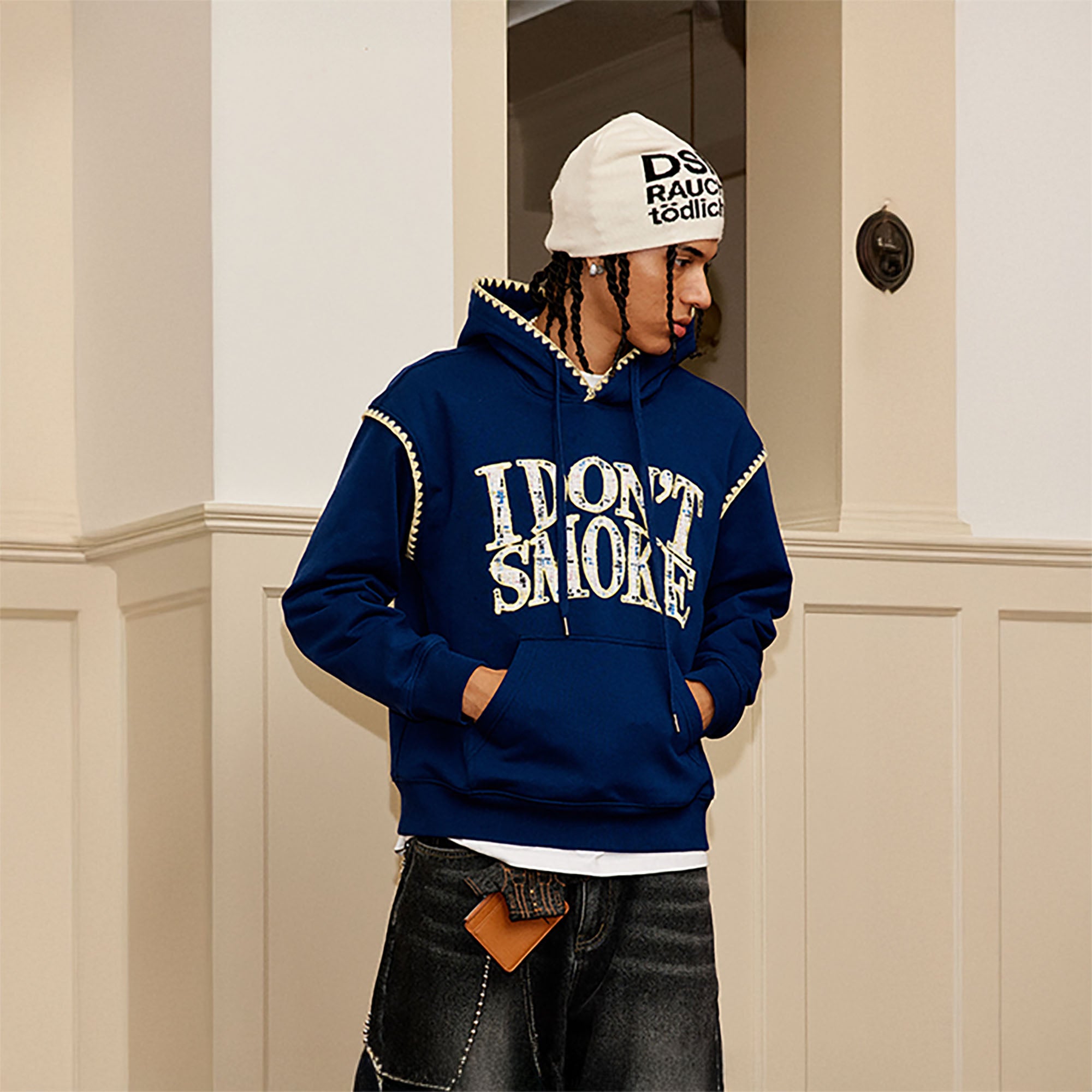 DONSMOKE Retro Embroidered Patch Whipstitch Hoodie, premium urban and streetwear designers apparel on PROJECTISR.com, DONSMOKE