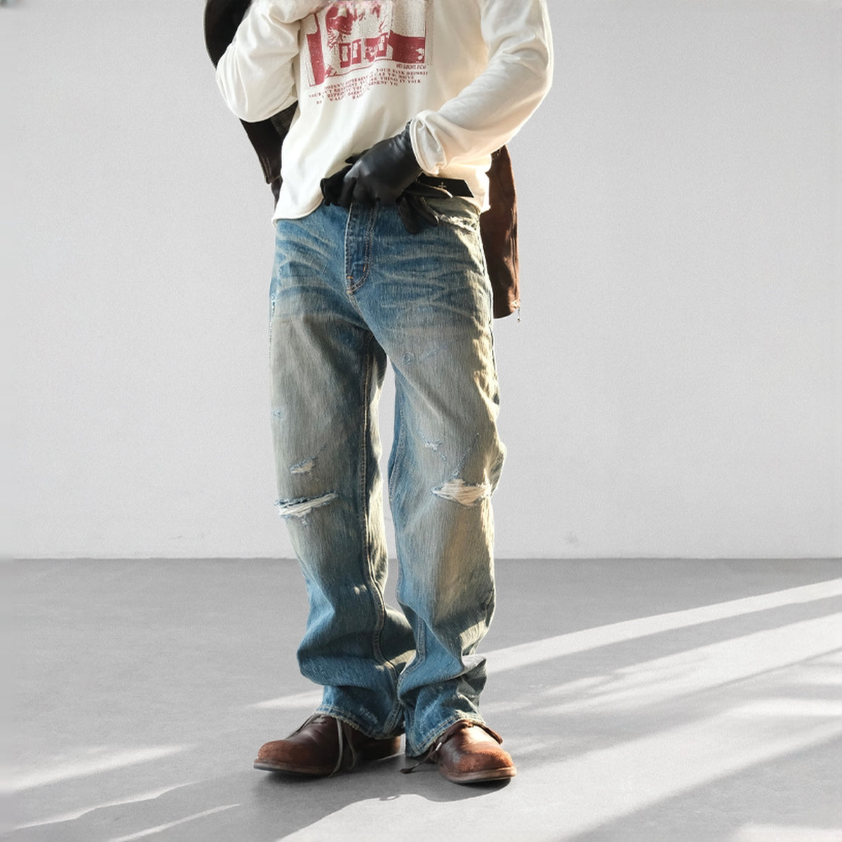 NEIGBORL Distressed Raw-Edge Selvedge Jeans — square · front