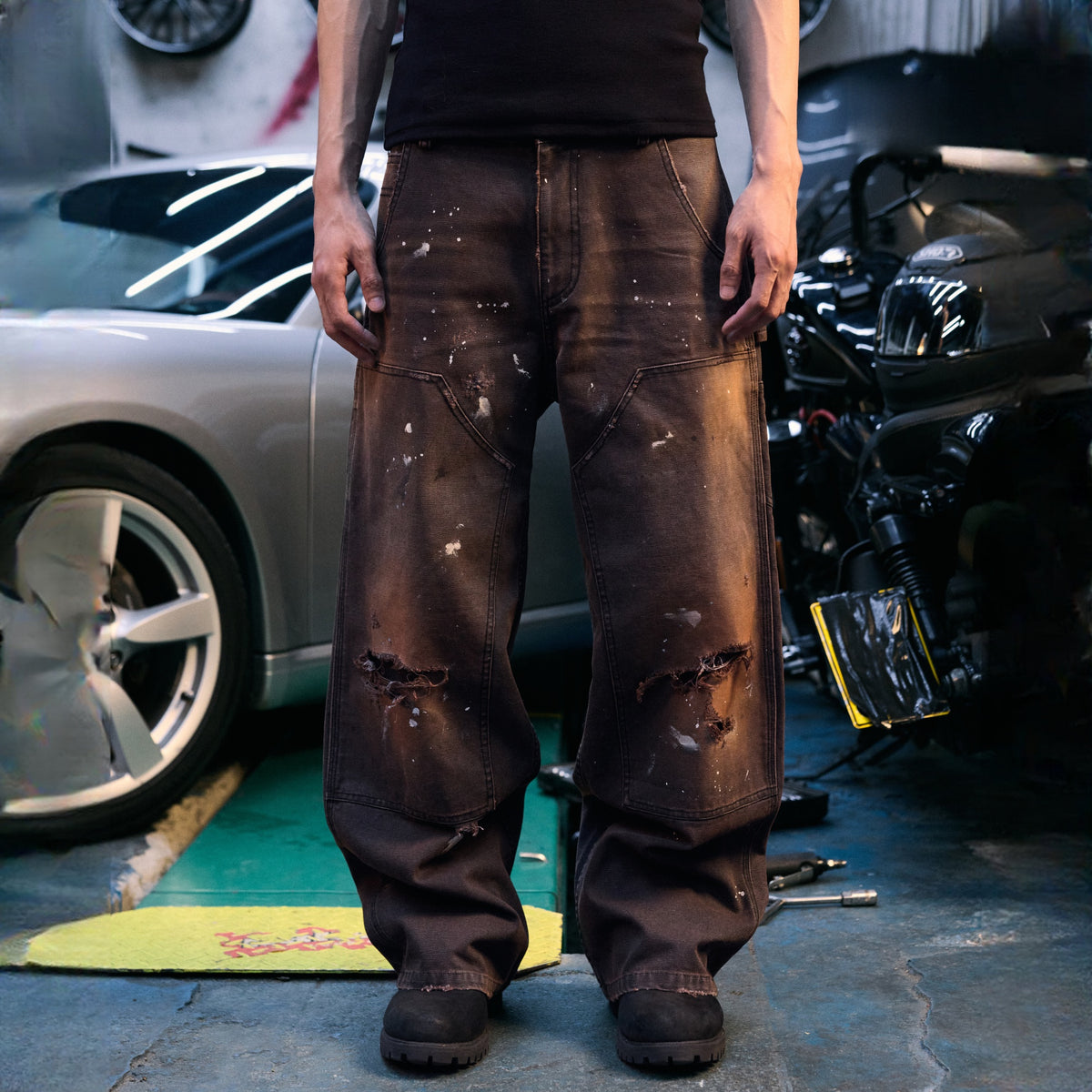 AVINMADE Rust-Washed Distressed Double-Knee Jeans — square · front