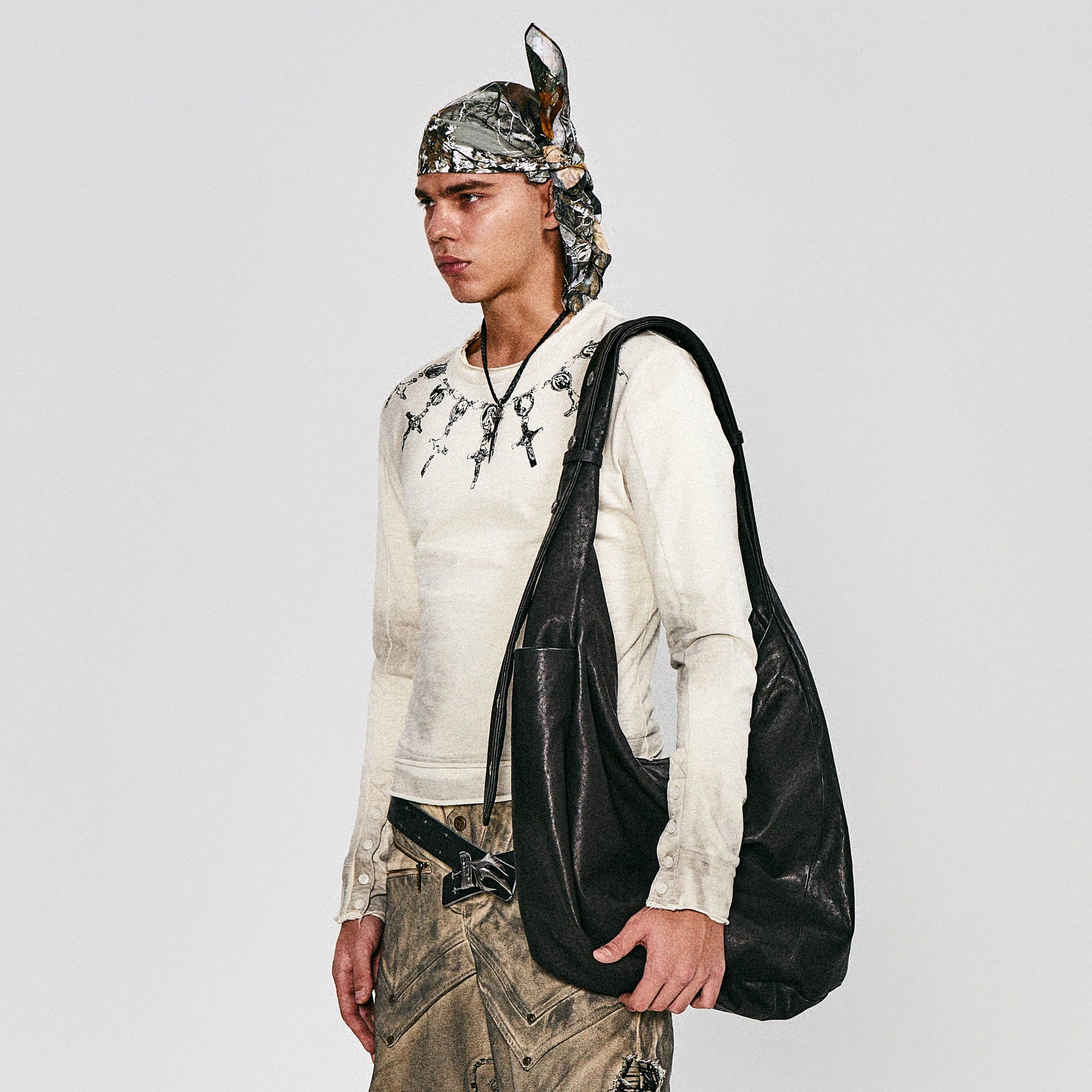 FLYERRER Distressed Cross Chain Graphic Long-Sleeve Tee, premium urban and streetwear designers apparel on PROJECTISR.com, FLYERRER