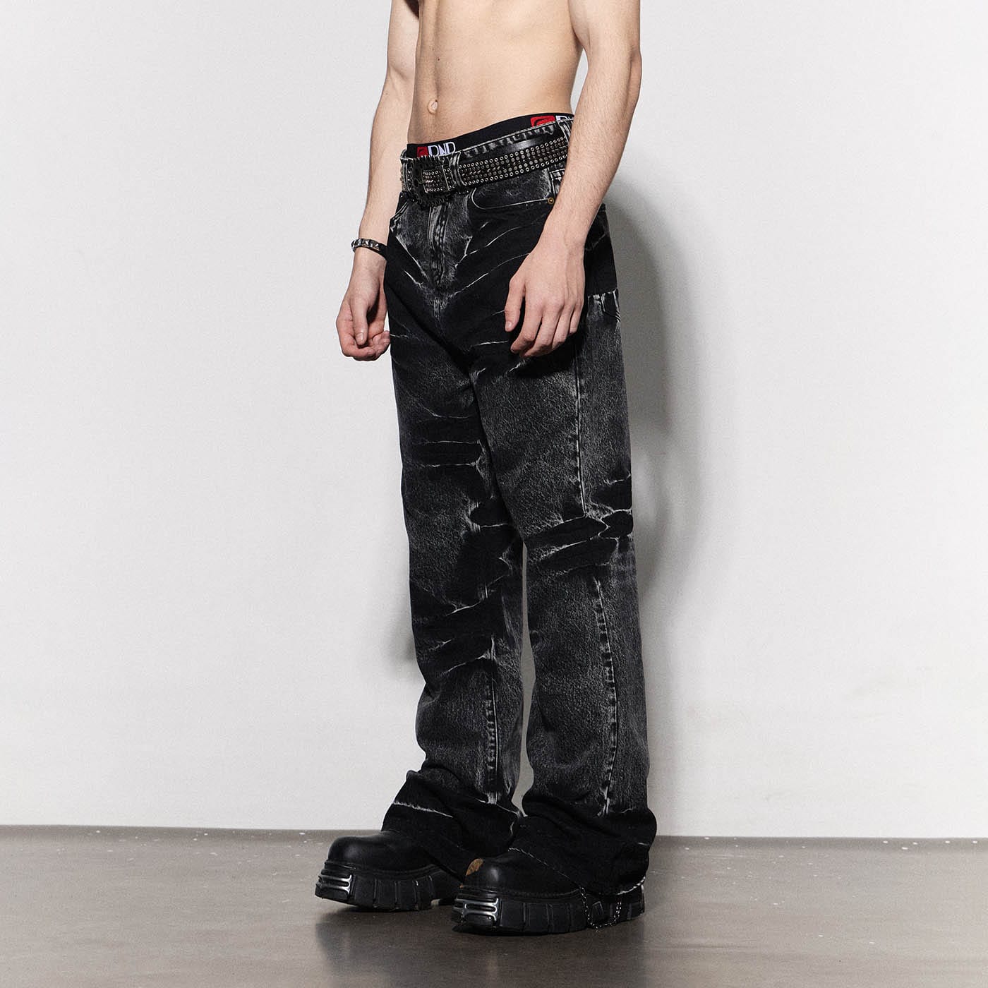 DND4DES Lightning Crease Washed Flared Jeans Black, premium urban and streetwear designers apparel on PROJECTISR.com, DND4DES