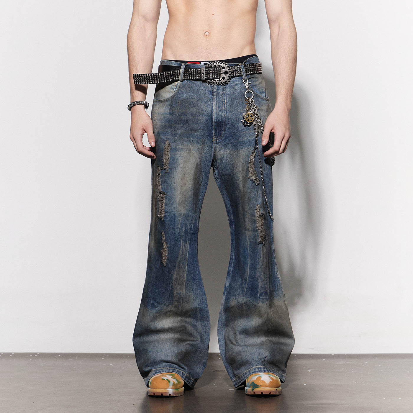 DND4DES Distressed Dusty Flared Jeans, premium urban and streetwear designers apparel on PROJECTISR.com, DND4DES