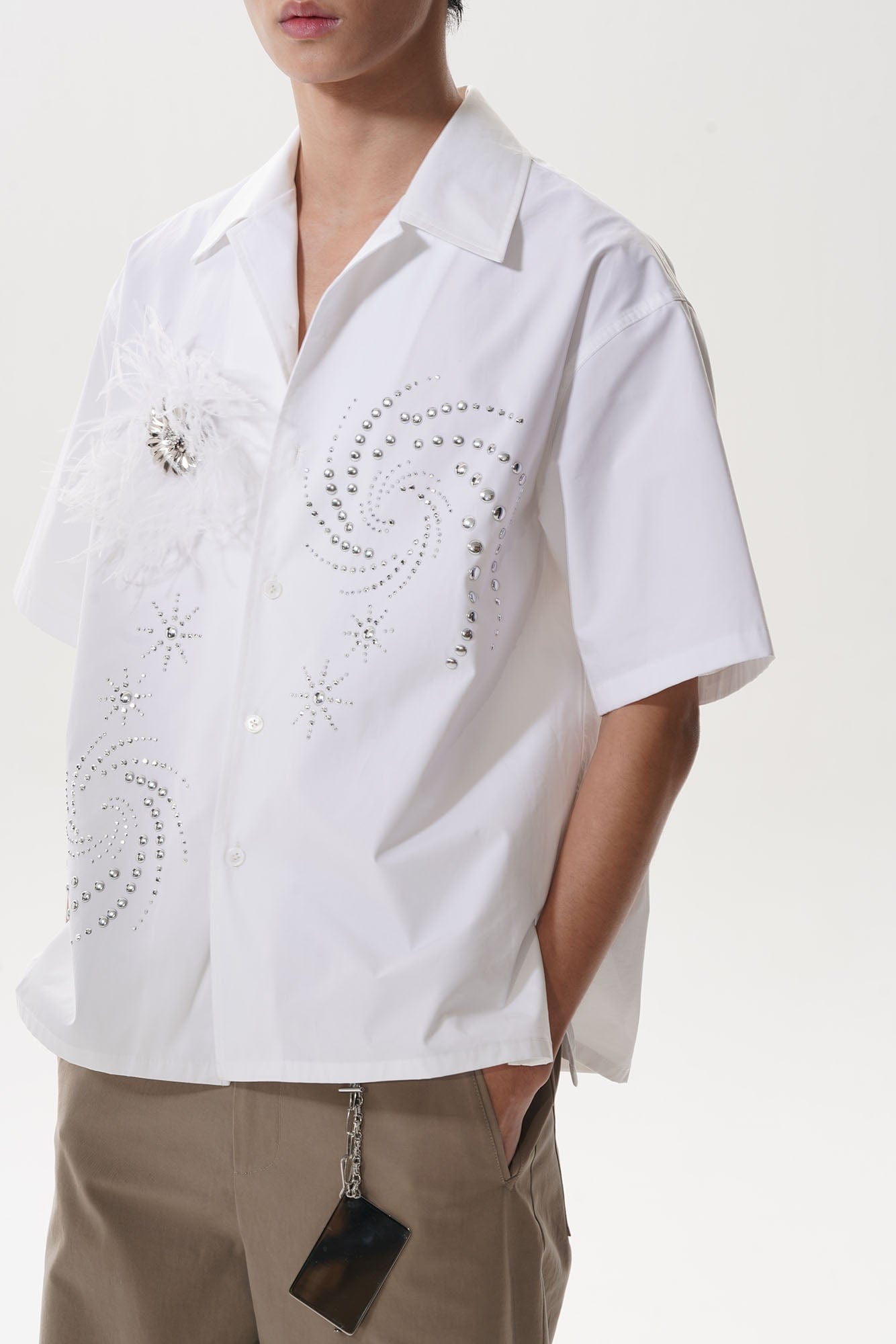 ORAL UTOPIA Spiral Embellished Feather Brooch Half Shirt, premium urban and streetwear designers apparel on PROJECTISR.com, ORAL UTOPIA
