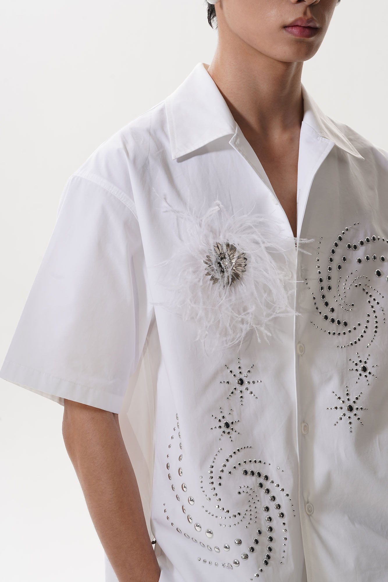 ORAL UTOPIA Spiral Embellished Feather Brooch Half Shirt, premium urban and streetwear designers apparel on PROJECTISR.com, ORAL UTOPIA
