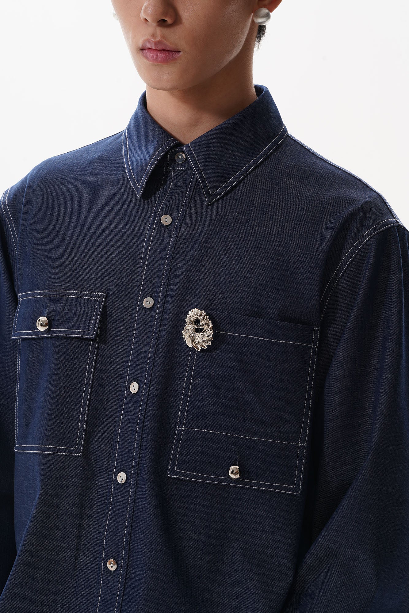 ORAL UTOPIA Classical Contrast-Stitched Utility Denim Shirt, premium urban and streetwear designers apparel on PROJECTISR.com, ORAL UTOPIA