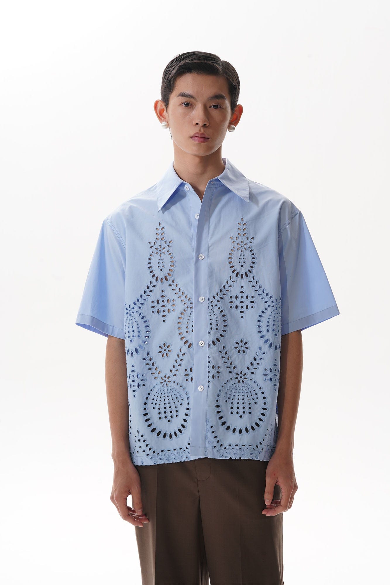 ORAL UTOPIA Geometric Eyelet Embroidery Half Shirt, premium urban and streetwear designers apparel on PROJECTISR.com, ORAL UTOPIA