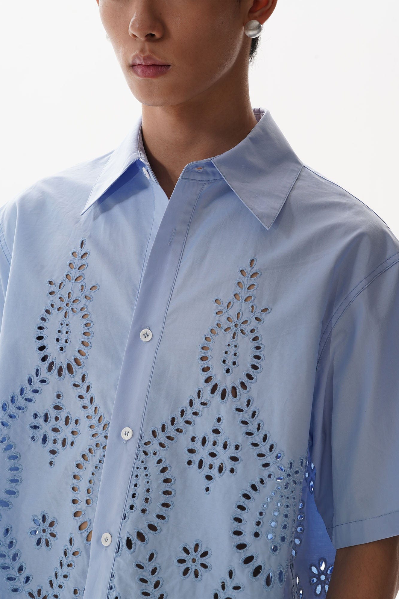 ORAL UTOPIA Geometric Eyelet Embroidery Half Shirt, premium urban and streetwear designers apparel on PROJECTISR.com, ORAL UTOPIA