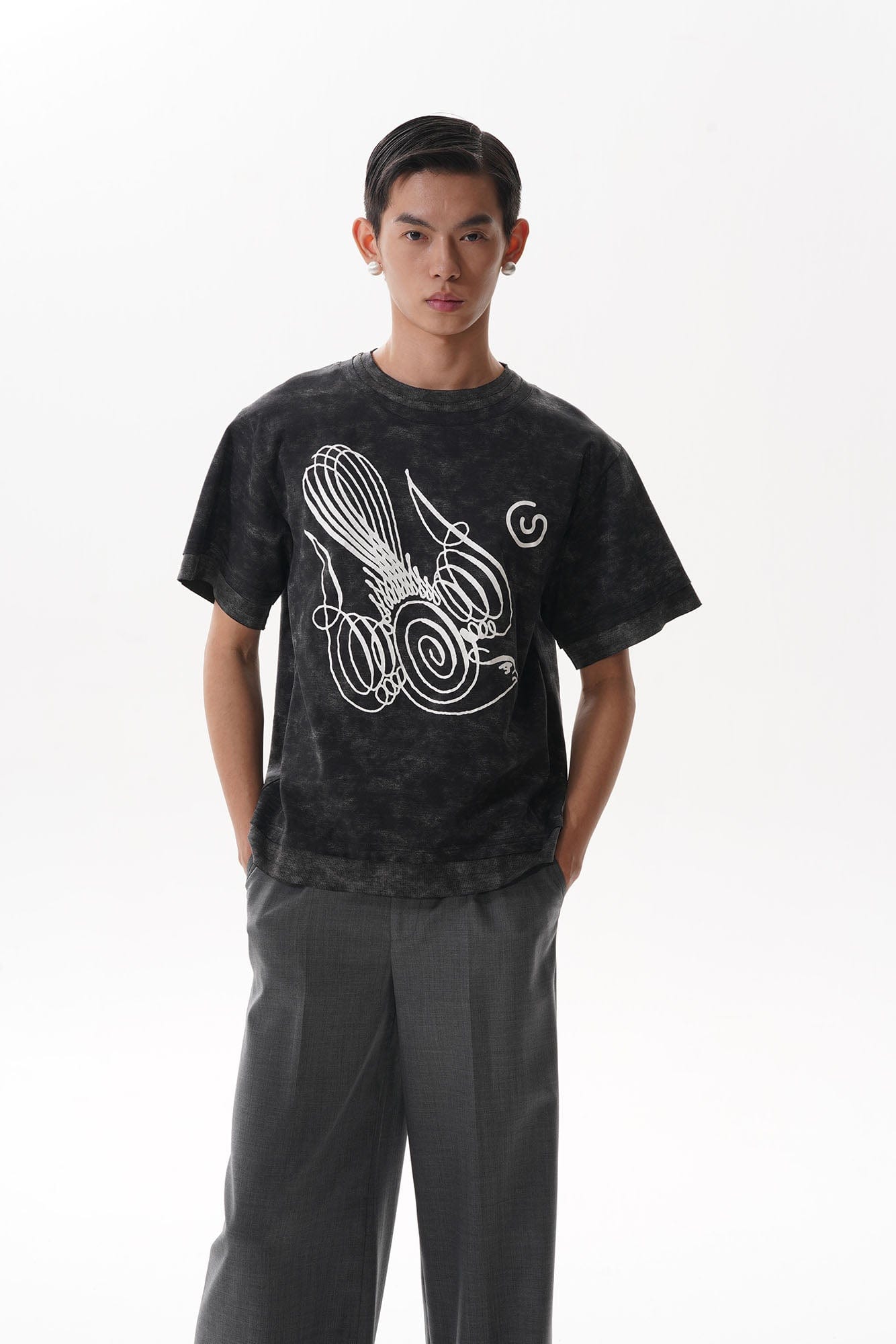 ORAL UTOPIA Washed Double-Layer Abstract Pigeon Graphic T-Shirt, premium urban and streetwear designers apparel on PROJECTISR.com, ORAL UTOPIA