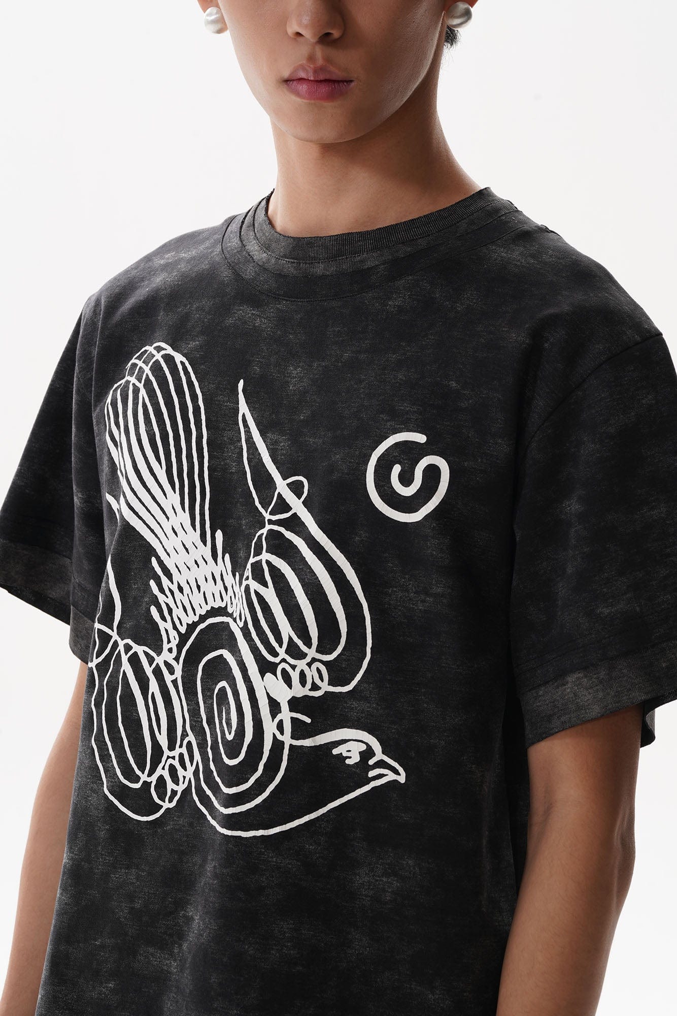 ORAL UTOPIA Washed Double-Layer Abstract Pigeon Graphic T-Shirt, premium urban and streetwear designers apparel on PROJECTISR.com, ORAL UTOPIA