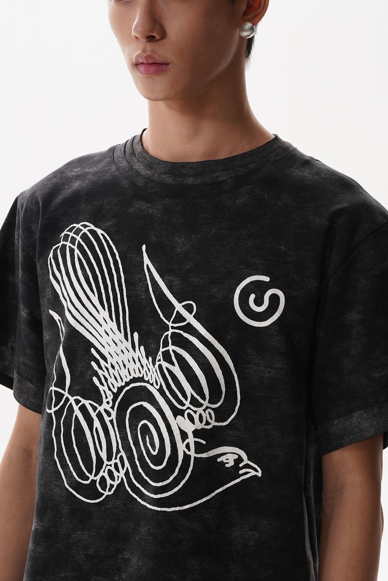 ORAL UTOPIA Washed Double-Layer Abstract Pigeon Graphic T-Shirt, premium urban and streetwear designers apparel on PROJECTISR.com, ORAL UTOPIA