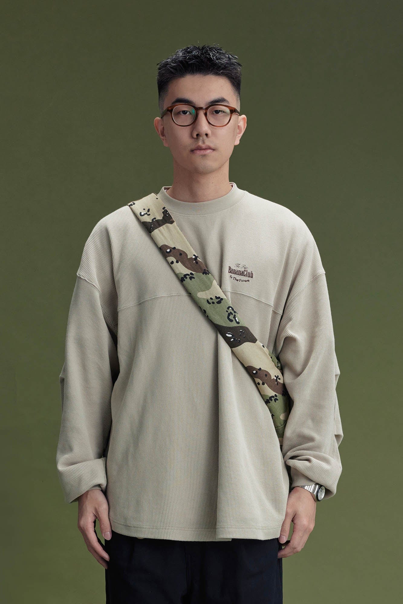 BANANA CLUB Waffle Knit Spliced Long-Sleeve Tee, premium urban and streetwear designers apparel on PROJECTISR.com, BANANA CLUB