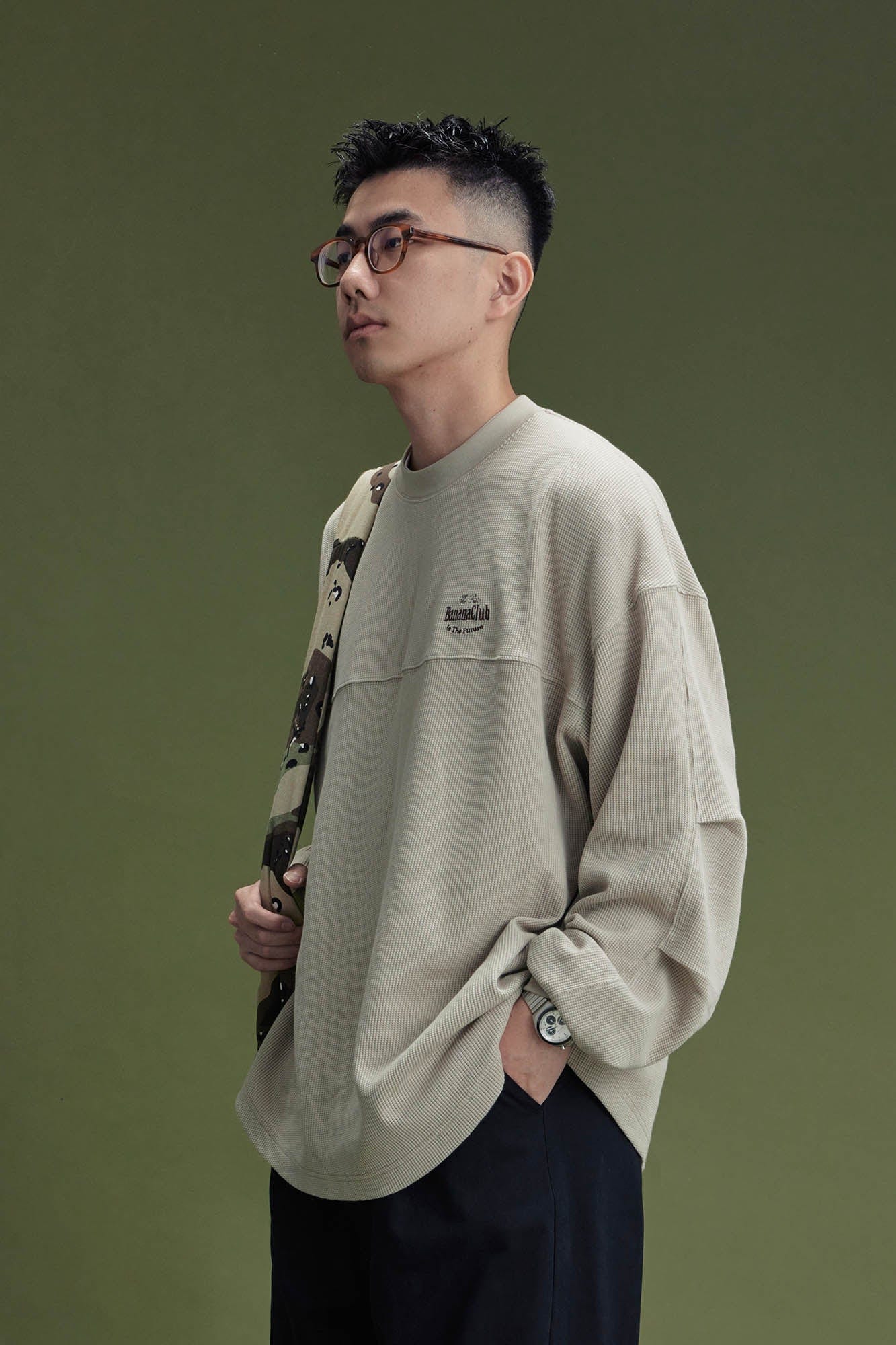 BANANA CLUB Waffle Knit Spliced Long-Sleeve Tee, premium urban and streetwear designers apparel on PROJECTISR.com, BANANA CLUB
