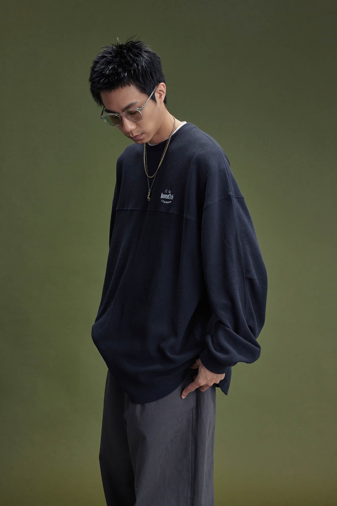BANANA CLUB Waffle Knit Spliced Long-Sleeve Tee, premium urban and streetwear designers apparel on PROJECTISR.com, BANANA CLUB