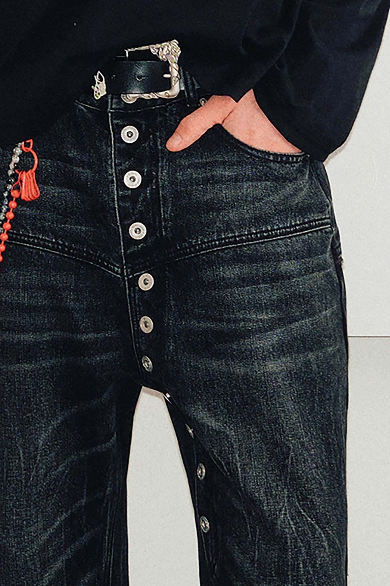 KREATE Arc Spliced Extended Button-Fly Jeans, premium urban and streetwear designers apparel on PROJECTISR.com, KREATE