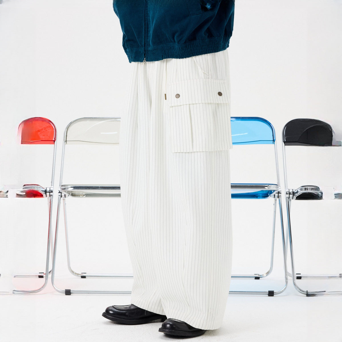 UNLIMITED MOTE Striped Drawstring Balloon Wide-Leg Cargo Pants — square · side · White