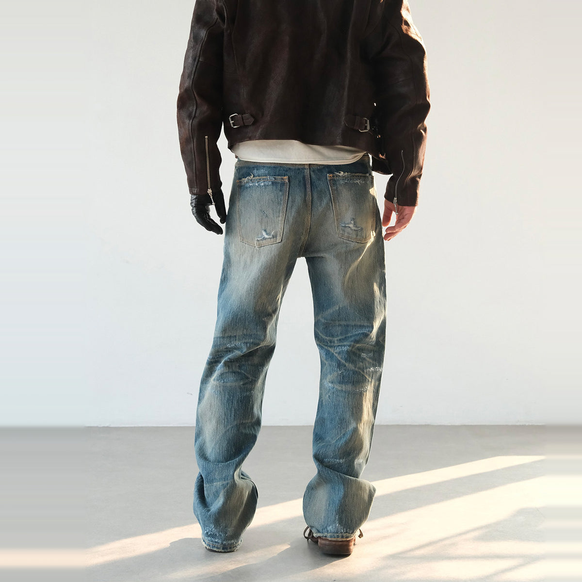 NEIGBORL Distressed Raw-Edge Selvedge Jeans — square · back