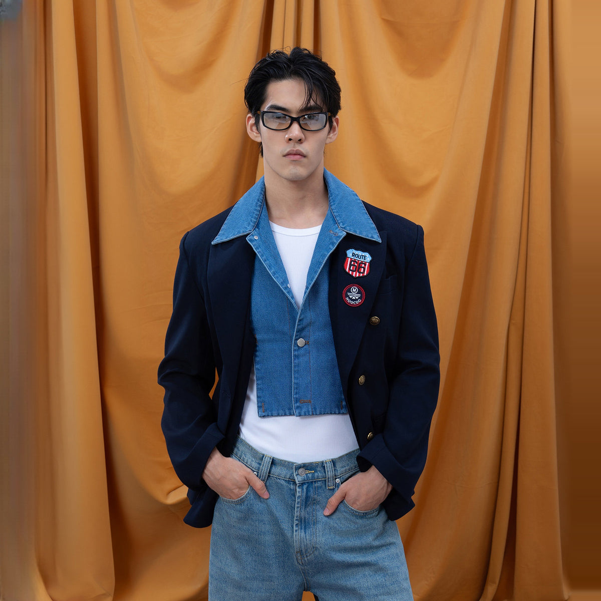 CLP Retro Denim-Collar Layered Blazer — square · front