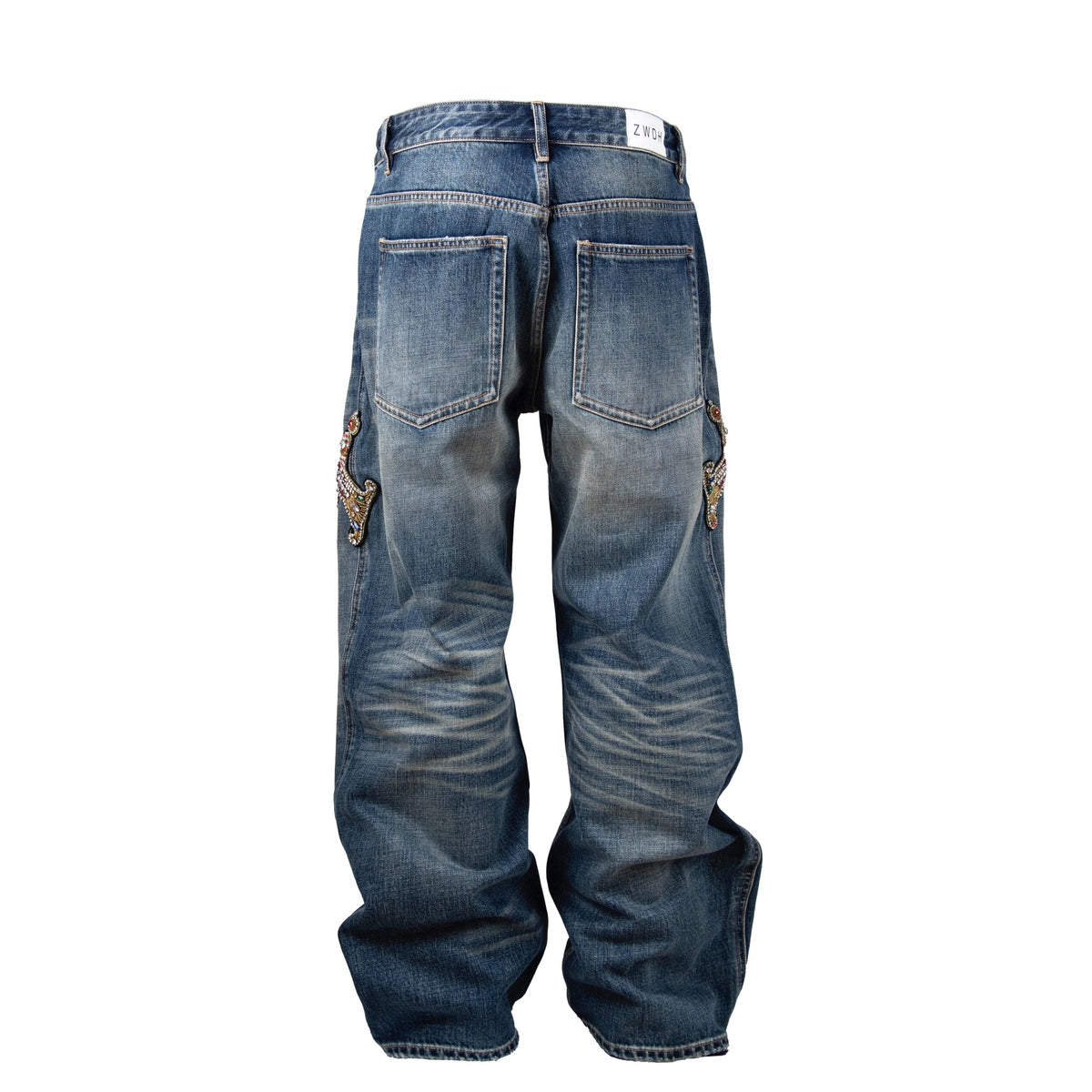 ZWDH Rhinestone Blade Embroidered Washed Straight-Leg Jeans — square · back