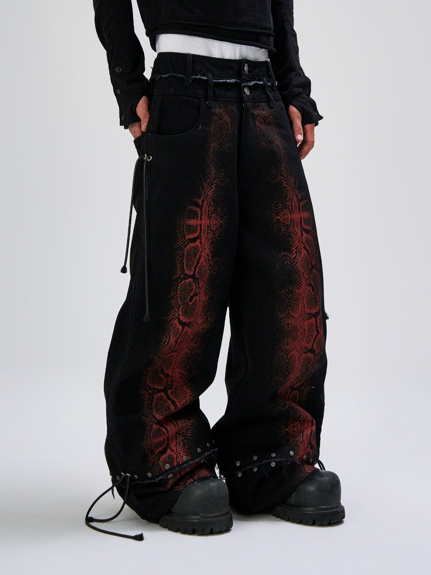 FLYERRER Washed Contrast Snakeskin Drawcord Wide-Leg Jeans, premium urban and streetwear designers apparel on PROJECTISR.com, FLYERRER