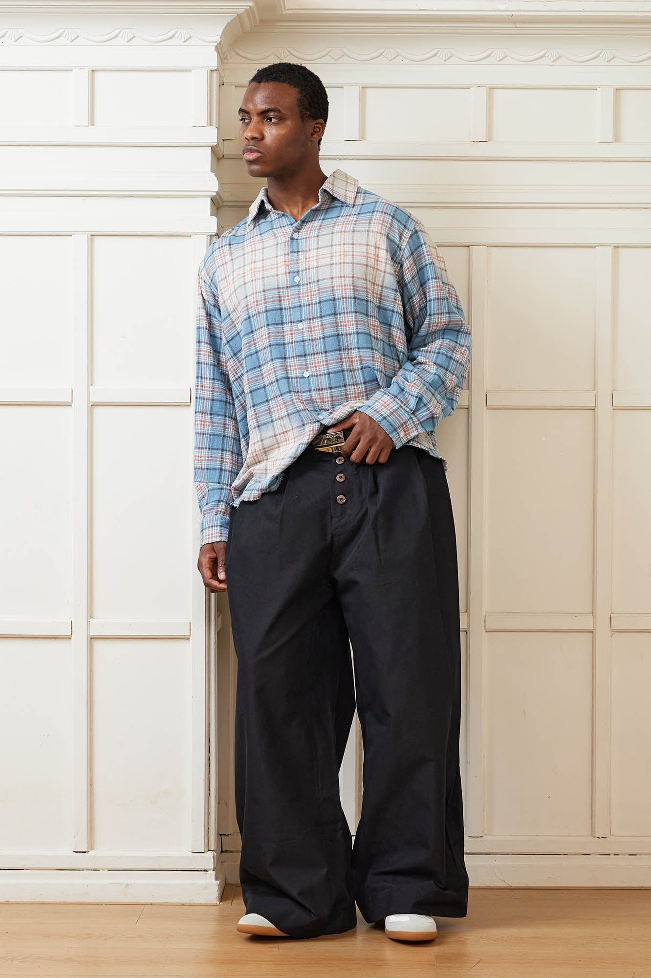 KREATE Crinkled Button-Fly Wide-Leg Pants, premium urban and streetwear designers apparel on PROJECTISR.com, KREATE