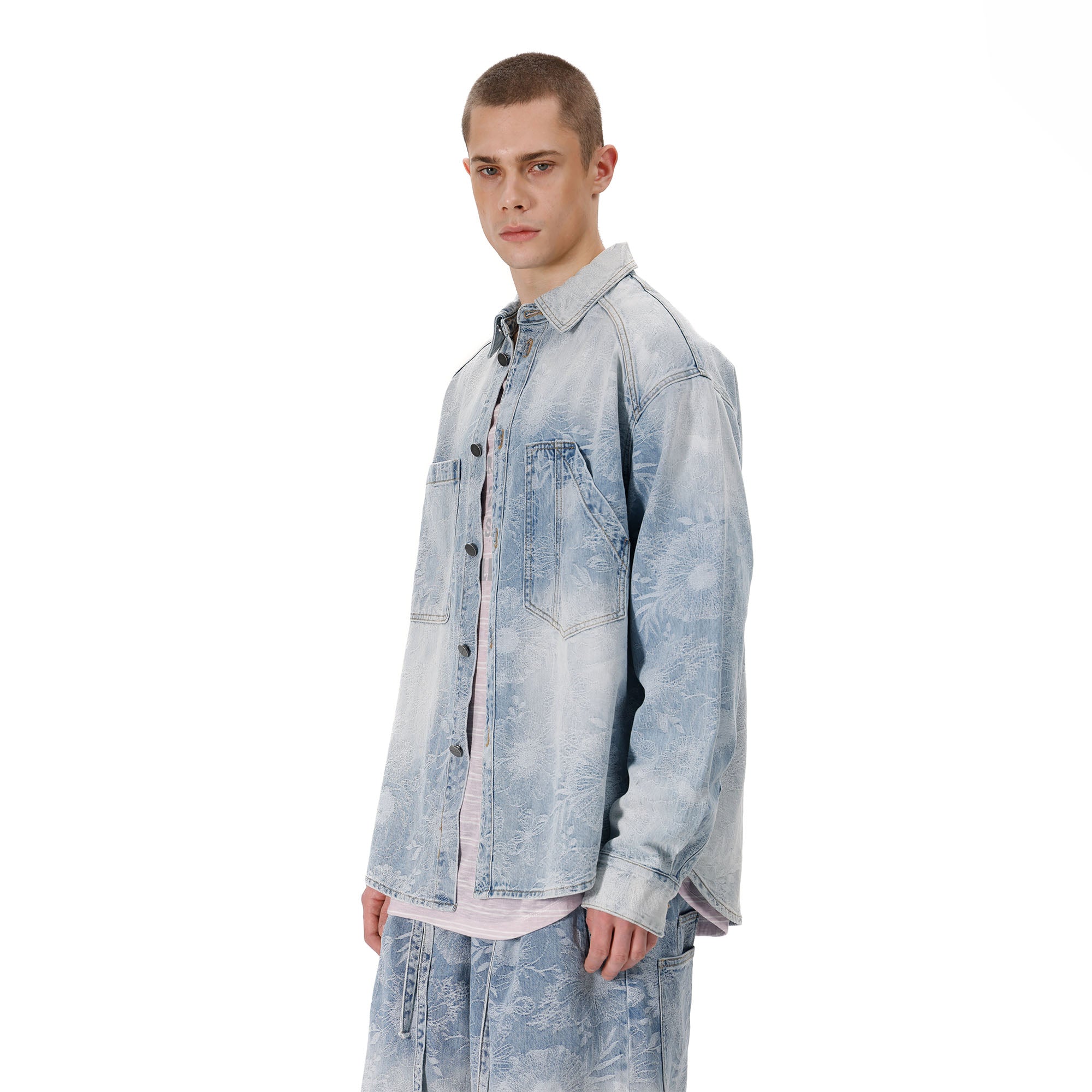 VANN VALRENCE Washed Floral Jacquard Denim Shirt, premium urban and streetwear designers apparel on PROJECTISR.com, VANN VALRENCE