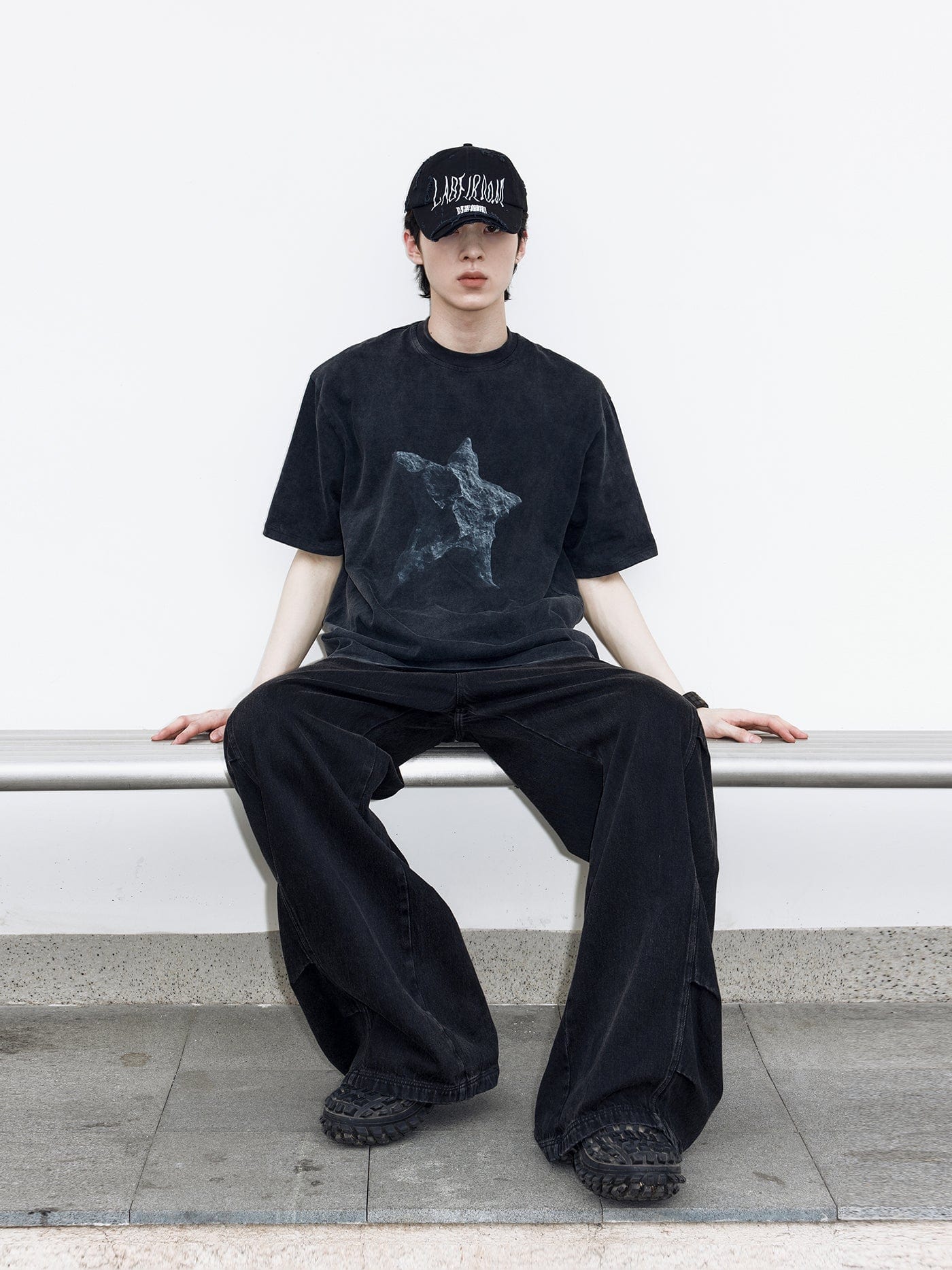 49PERCENT Black Star Stone Washed T-Shirt, premium urban and streetwear designers apparel on PROJECTISR.com, 49PERCENT