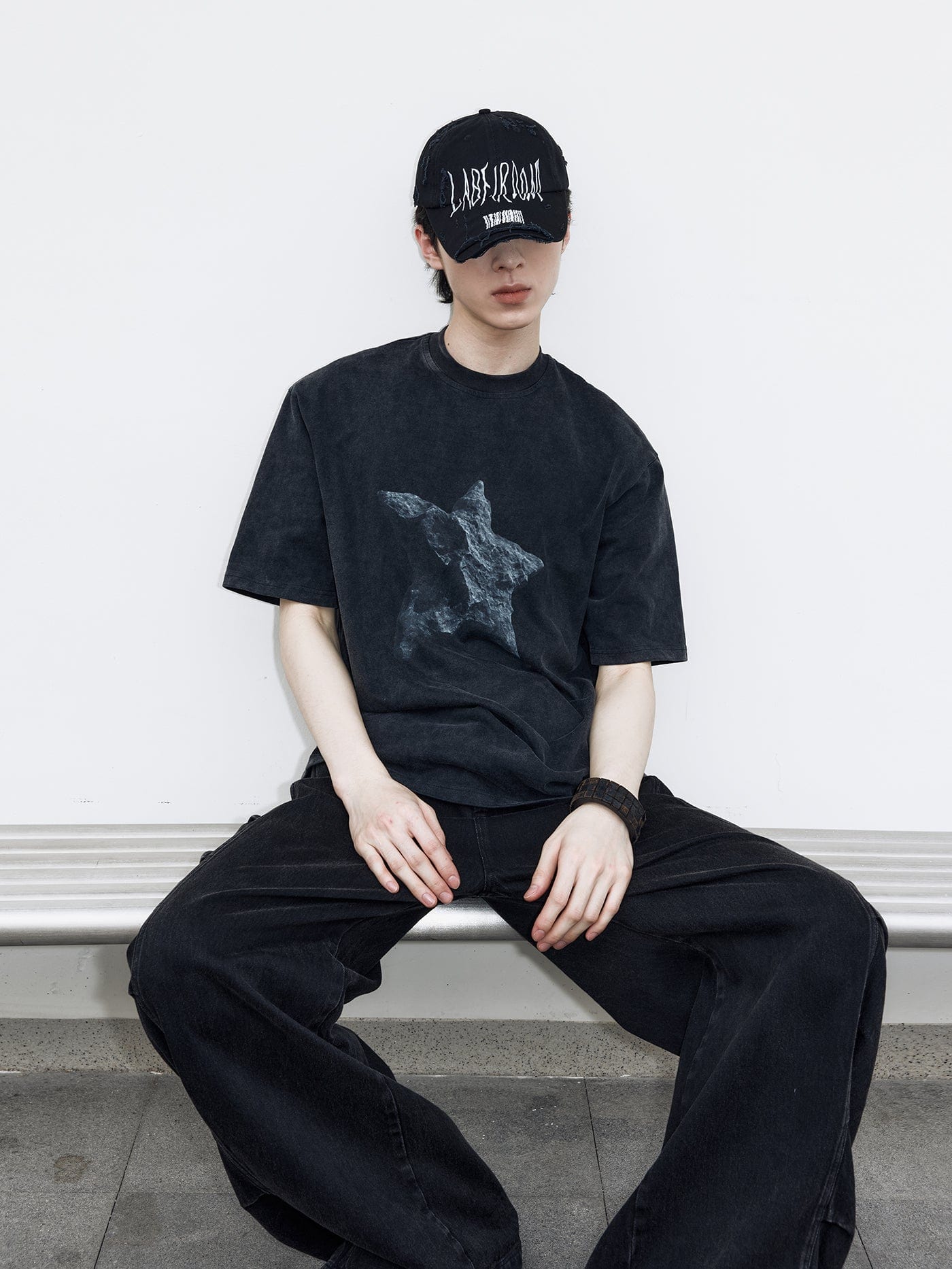 49PERCENT Black Star Stone Washed T-Shirt, premium urban and streetwear designers apparel on PROJECTISR.com, 49PERCENT