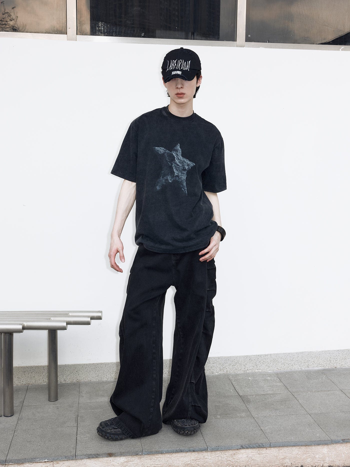 49PERCENT Black Star Stone Washed T-Shirt, premium urban and streetwear designers apparel on PROJECTISR.com, 49PERCENT