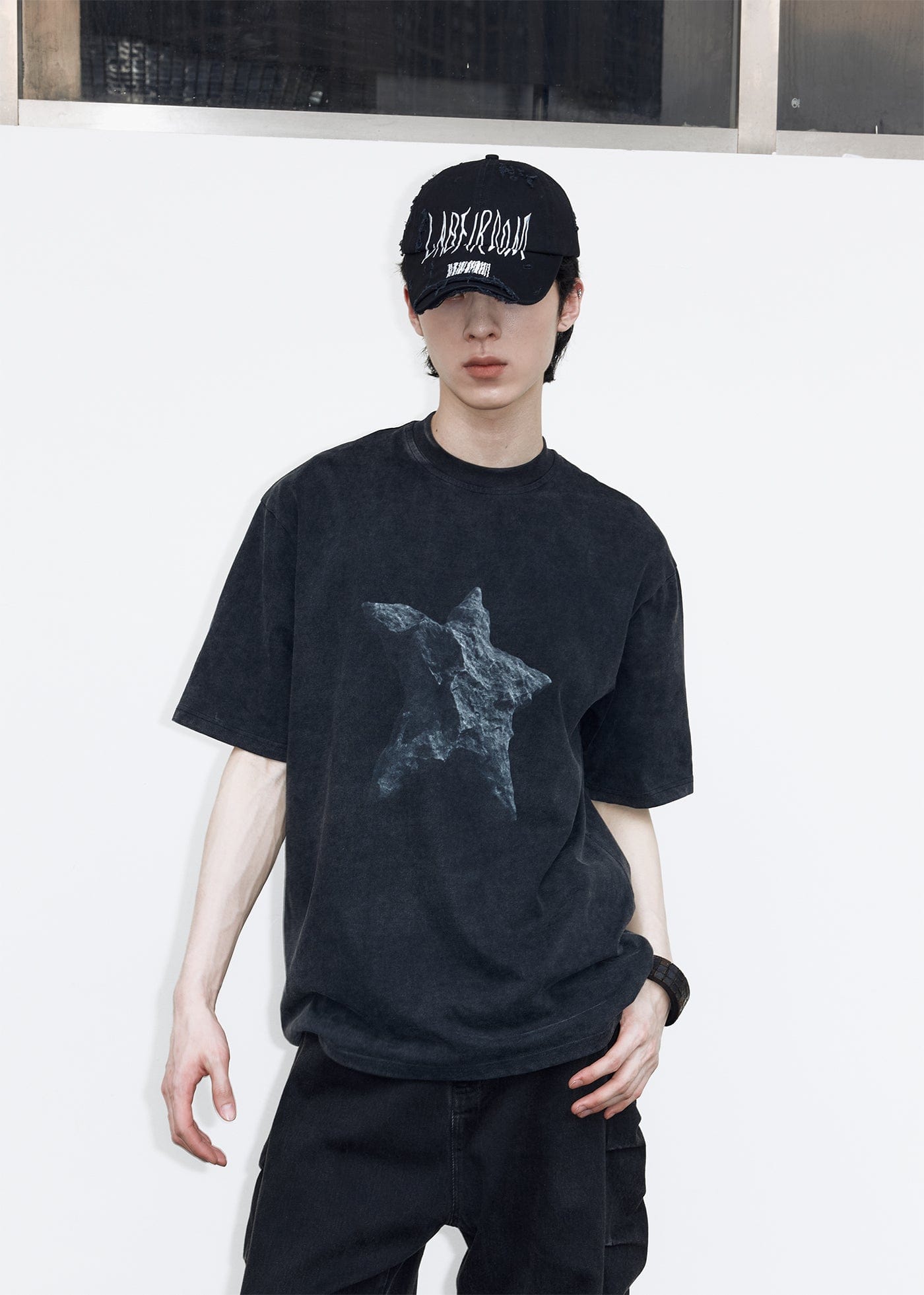 49PERCENT Black Star Stone Washed T-Shirt, premium urban and streetwear designers apparel on PROJECTISR.com, 49PERCENT