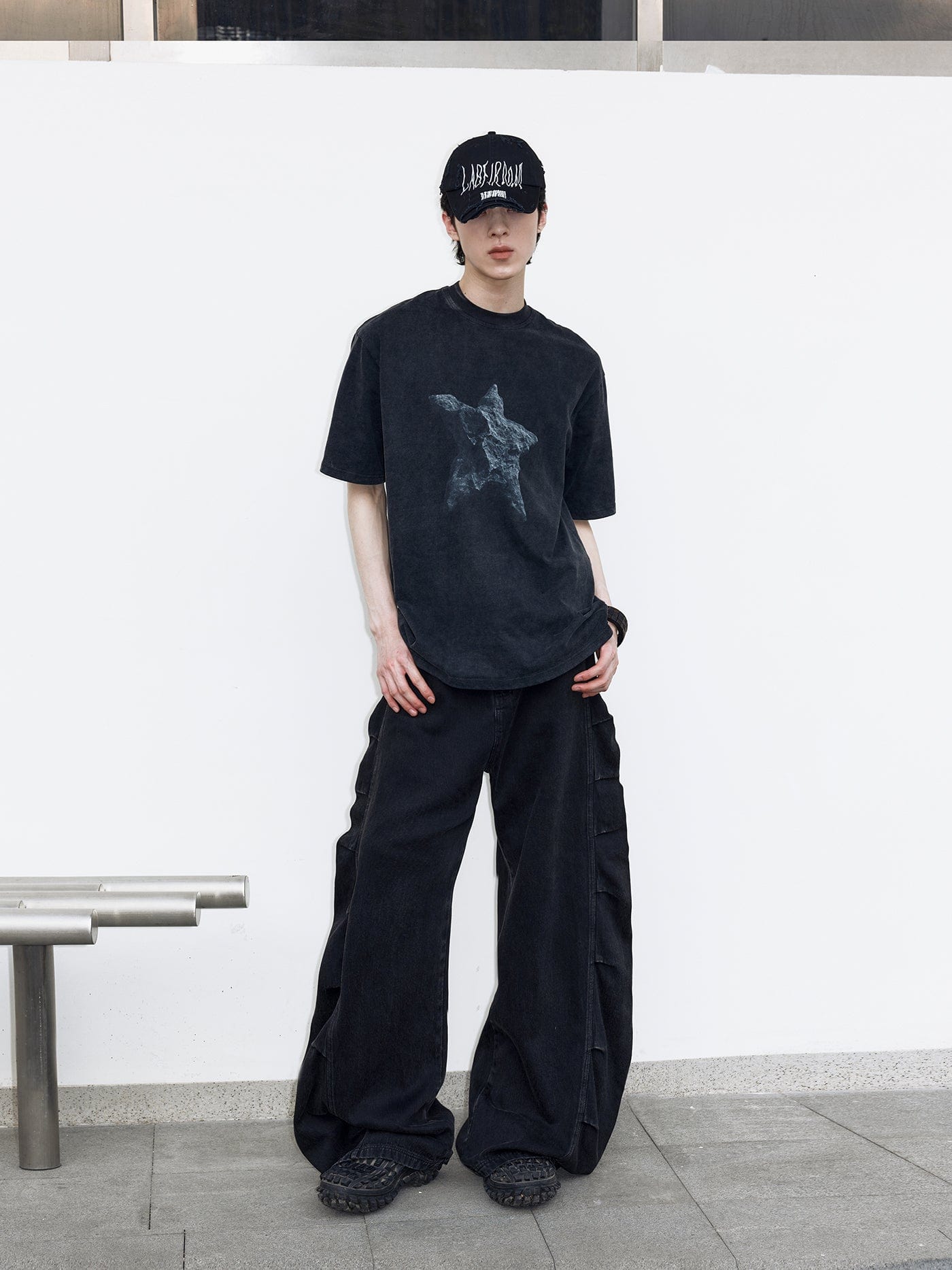 49PERCENT Black Star Stone Washed T-Shirt, premium urban and streetwear designers apparel on PROJECTISR.com, 49PERCENT