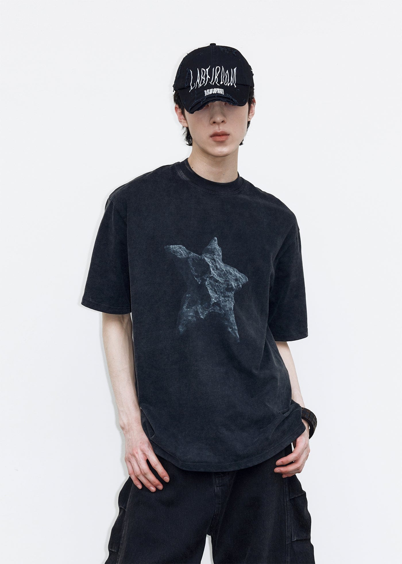 49PERCENT Black Star Stone Washed T-Shirt, premium urban and streetwear designers apparel on PROJECTISR.com, 49PERCENT