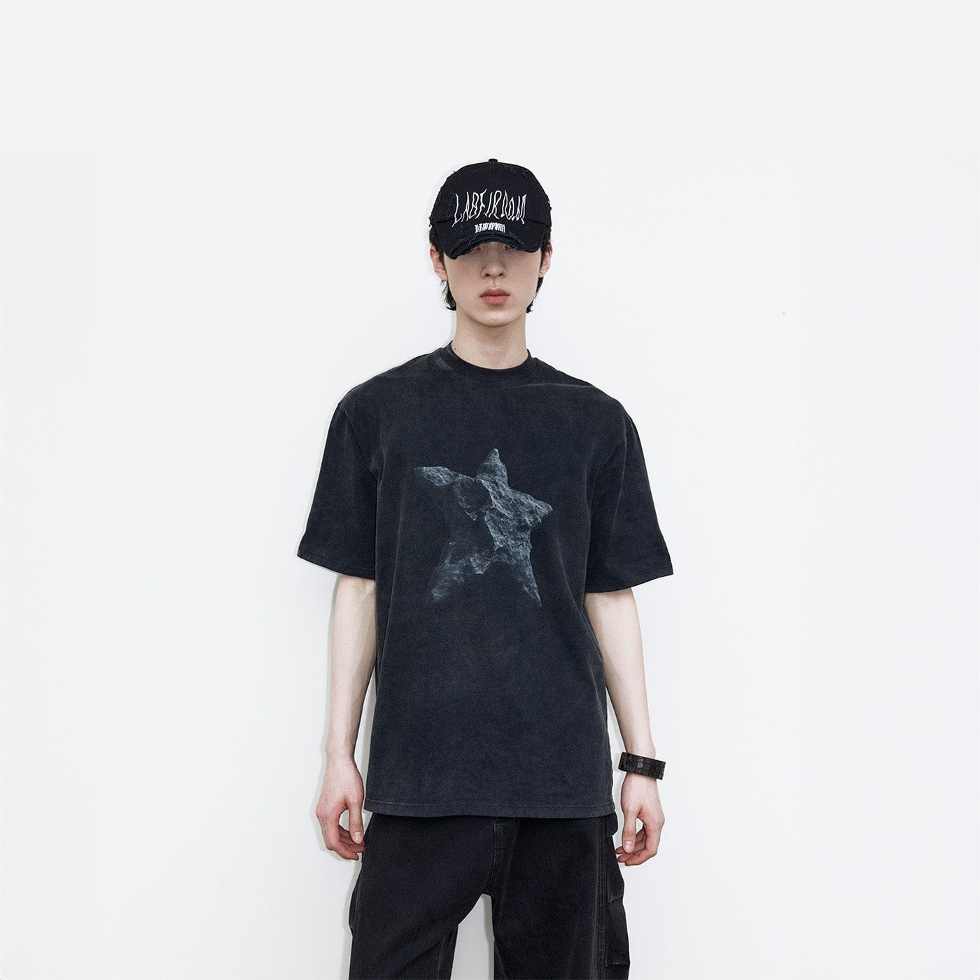 49PERCENT Black Star Stone Washed T-Shirt, premium urban and streetwear designers apparel on PROJECTISR.com, 49PERCENT