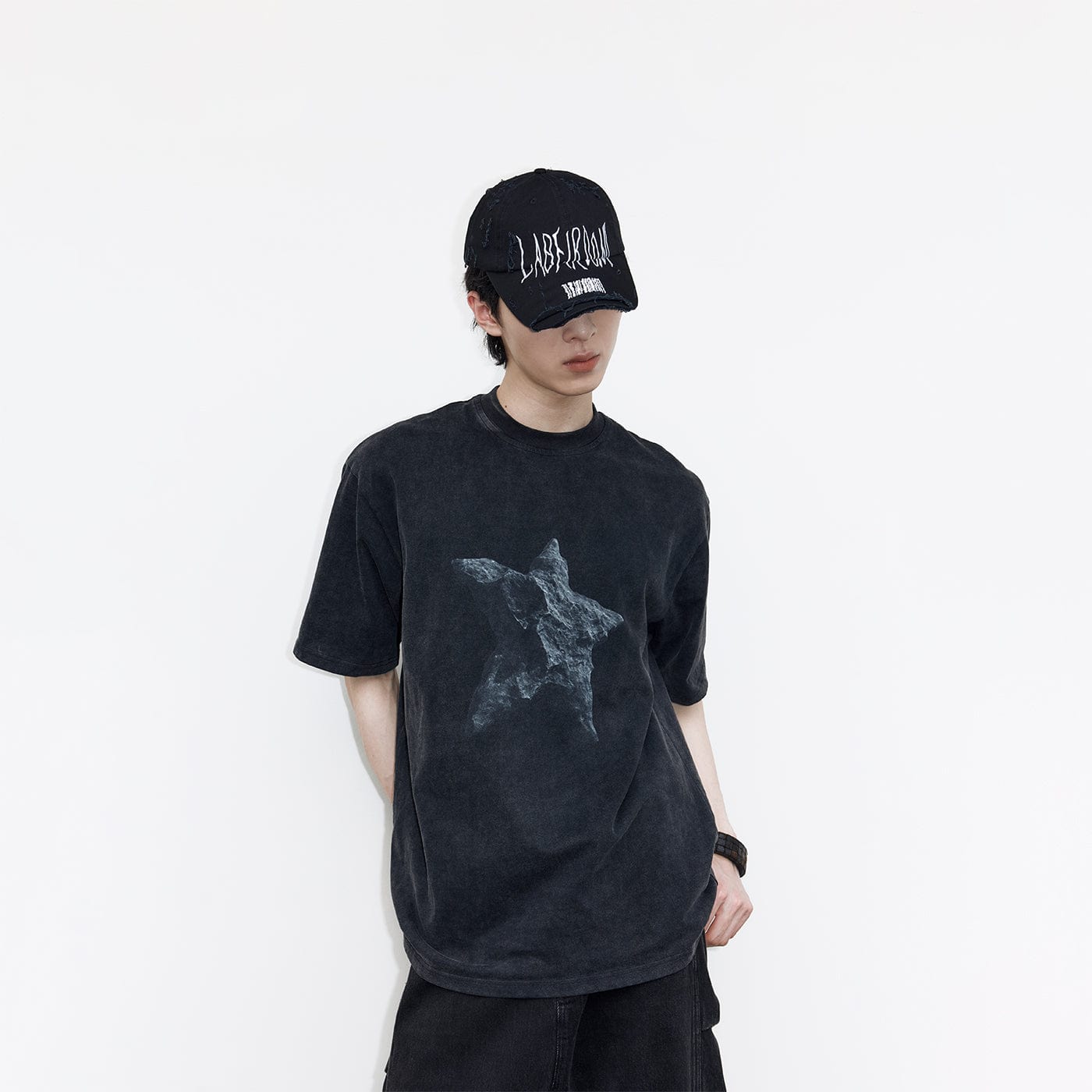 49PERCENT Black Star Stone Washed T-Shirt, premium urban and streetwear designers apparel on PROJECTISR.com, 49PERCENT