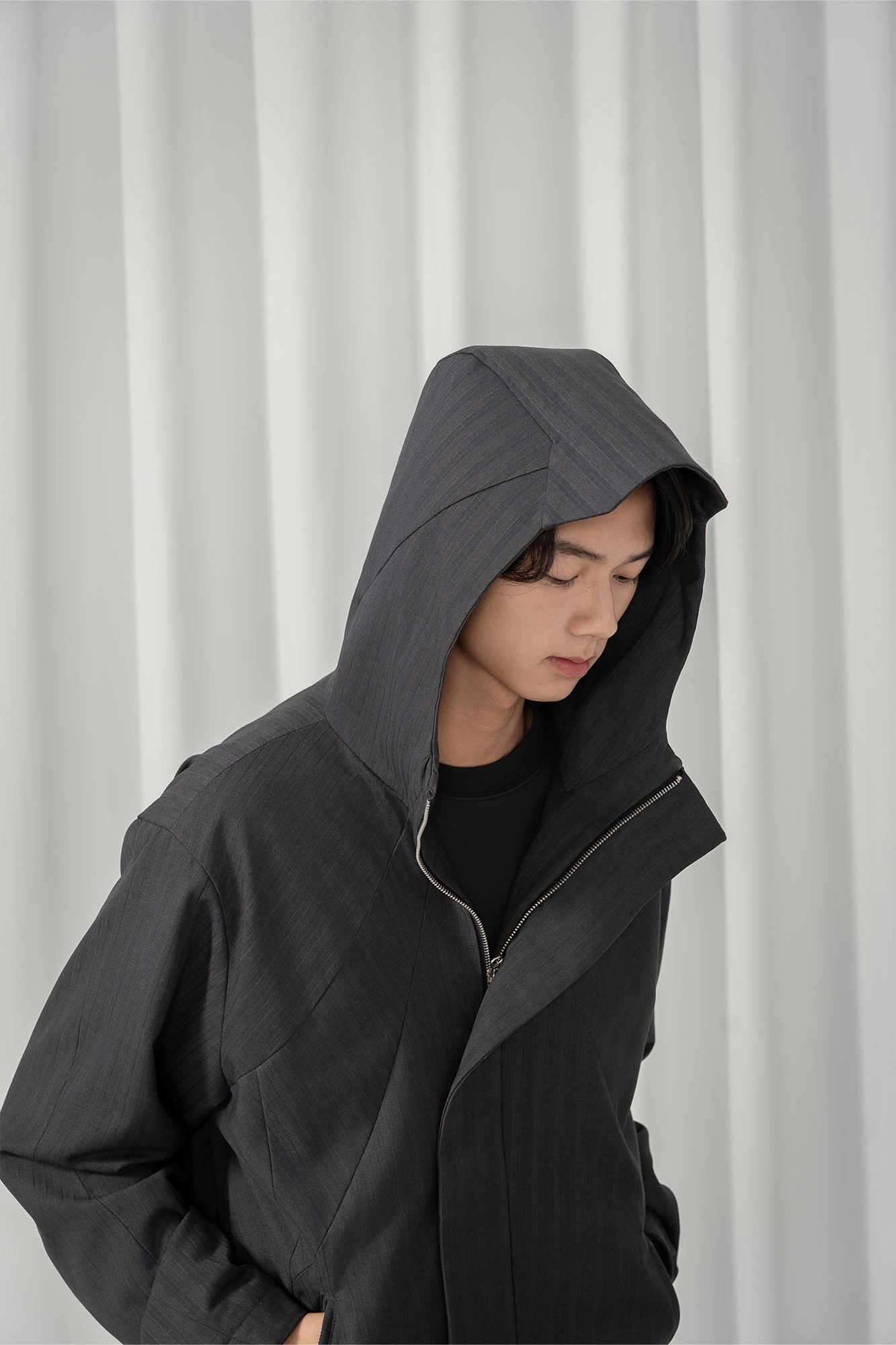 MOITIEDEPETALE Striped Magnetic-Front Hooded Coat
