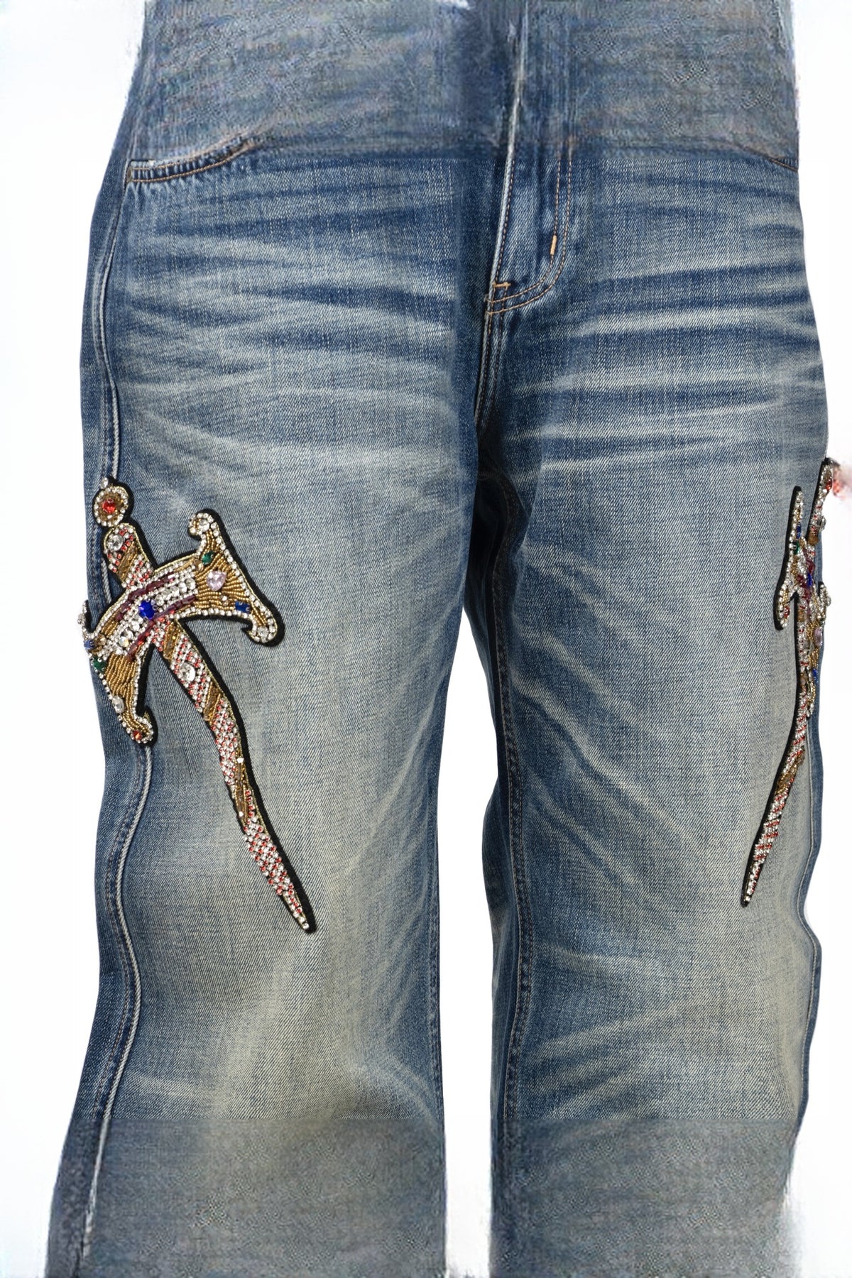 ZWDH Rhinestone Blade Embroidered Washed Straight-Leg Jeans — detail