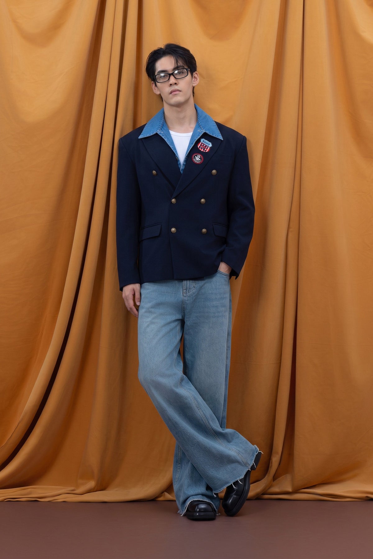 CLP Retro Denim-Collar Layered Blazer — full body
