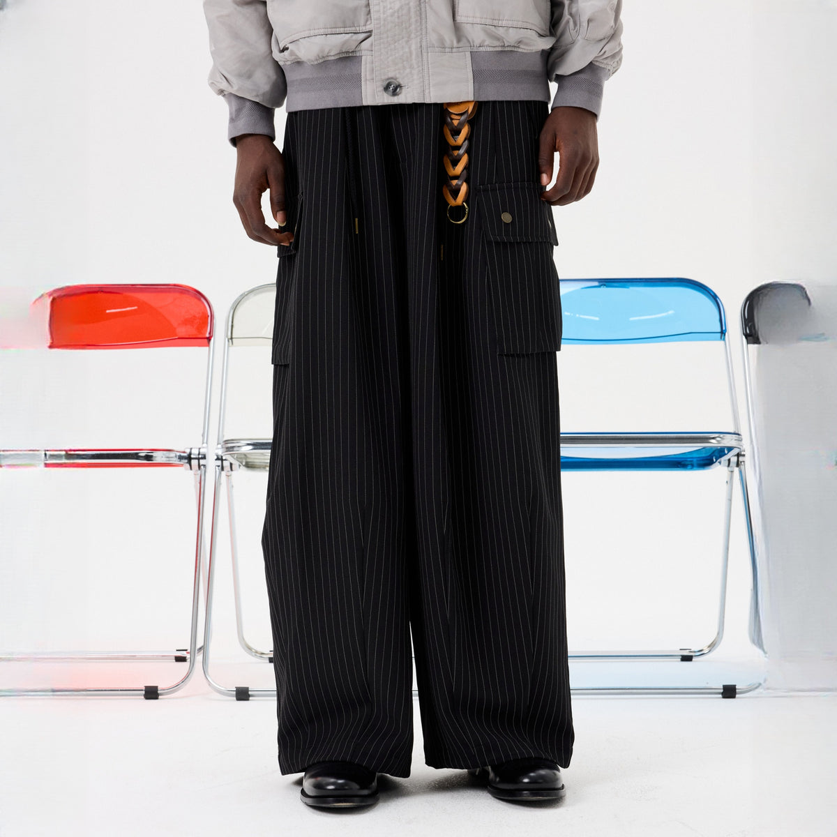 UNLIMITED MOTE Striped Drawstring Balloon Wide-Leg Cargo Pants — square · front · Black