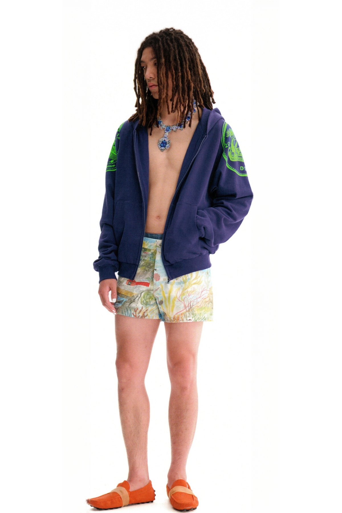 URBAN+FOREST Mythic Coin Graphic Double-Layer Hooded Jacket — full body · Navy