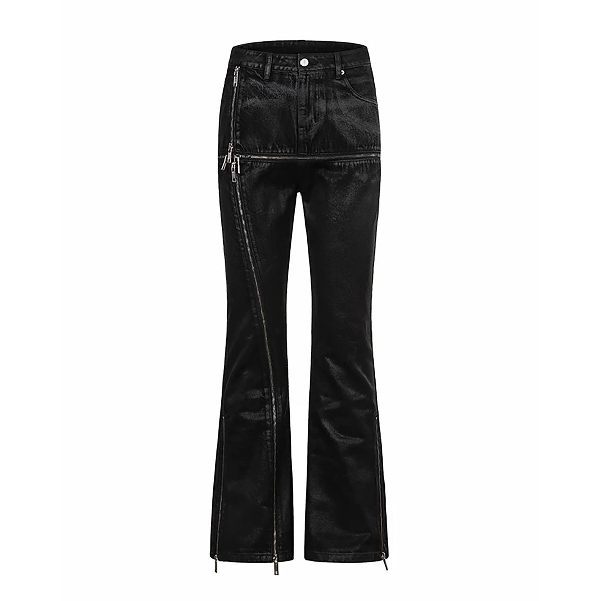 REBEL WAVE Cross Zip Wax-Coated Flared Jeans