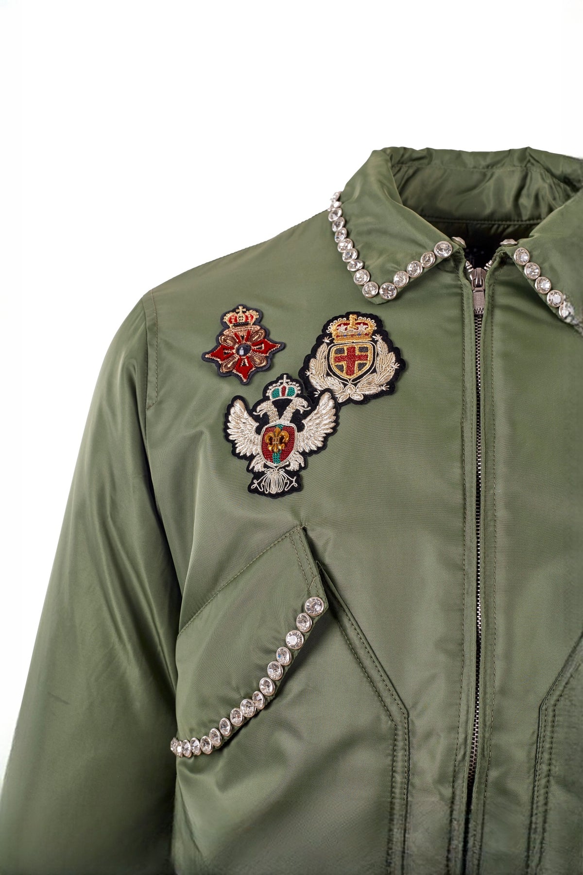 ZWDH Studded Rhinestone Emblem Hand-Embroidered Varsity Jacket — detail