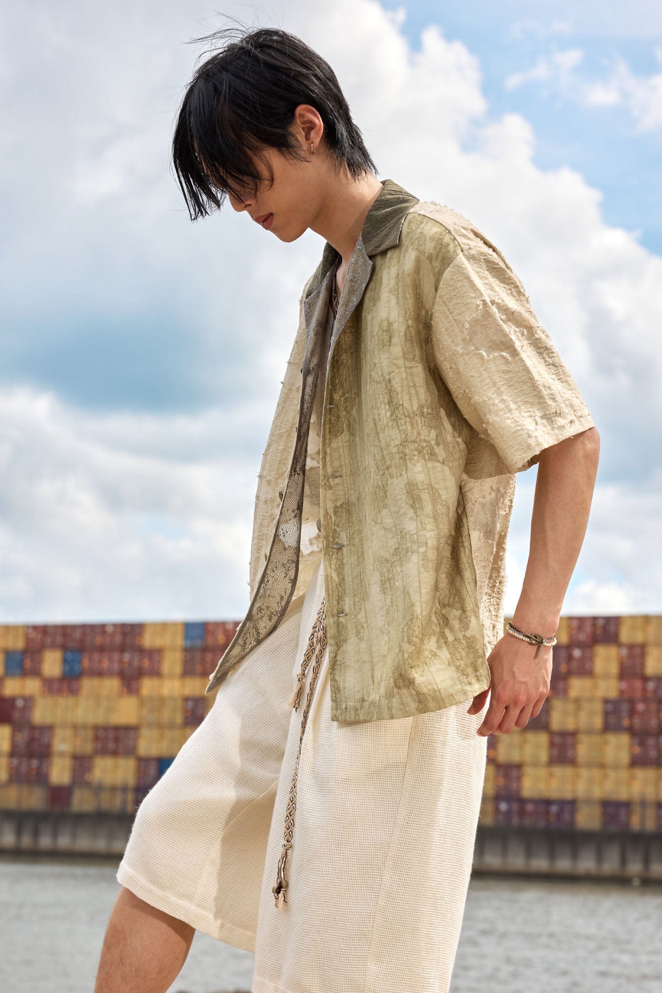 ALVNG AR ANTS Botanical Dyed Burnout Textured Spliced Half Shirt, premium urban and streetwear designers apparel on PROJECTISR.com, ALVNG AR ANTS