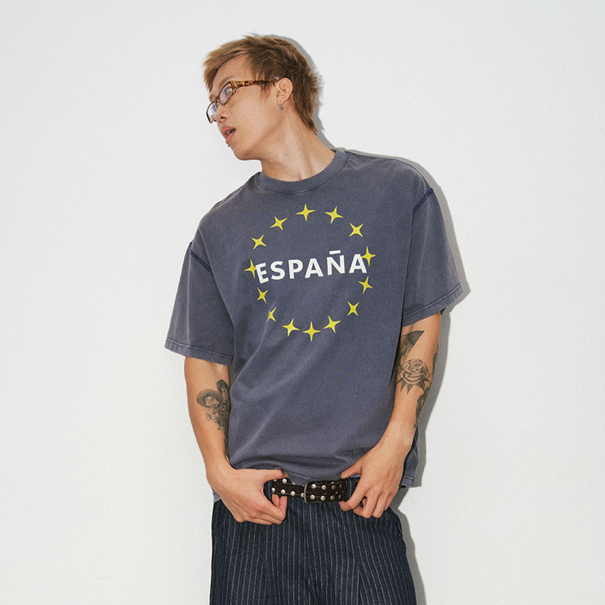 NOVACAM Washed Star Letter Graphic Oversized T-Shirt