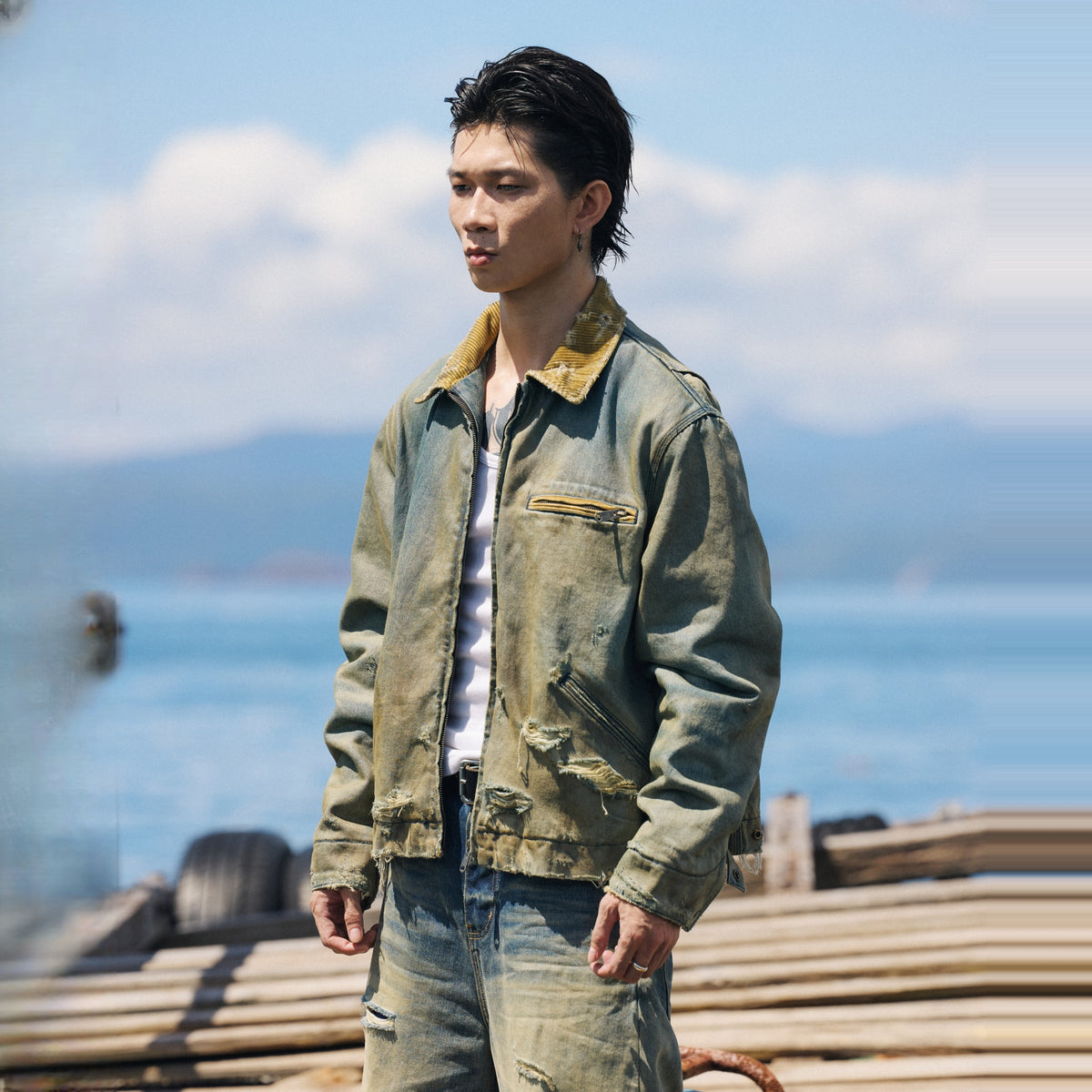 AVINMADE Washed Distressed Denim Jacket — square · side