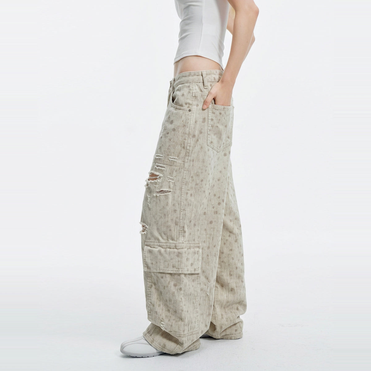 HAHAHA STUDIOS Deer Graphic Washed Distressed Multi-Pocket Jeans — square · side