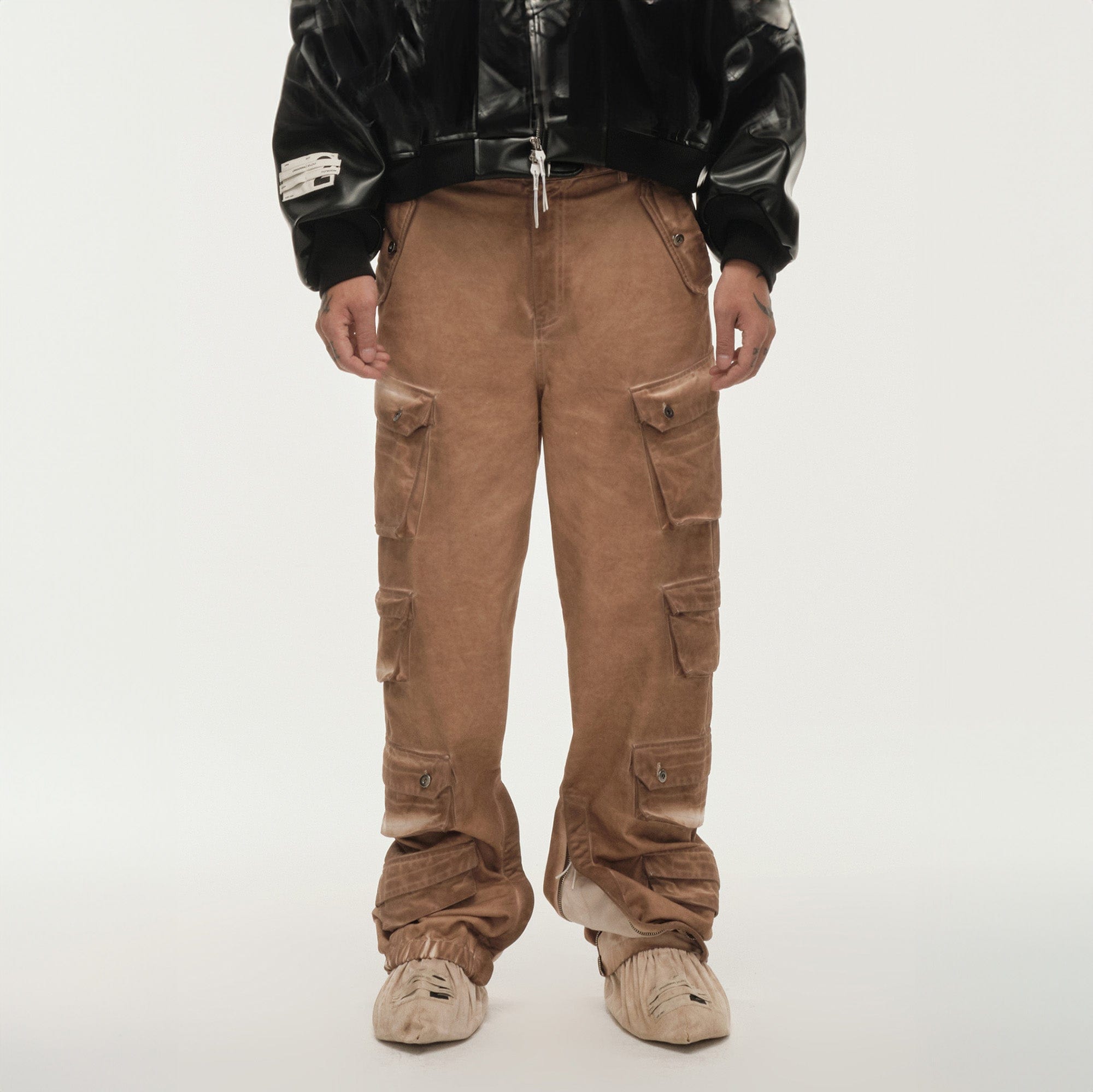 LIFEGOESON Distressed Multi-Pocket Layered Cargo Pants Earth, premium urban and streetwear designers apparel on PROJECTISR.com, LIFEGOESON