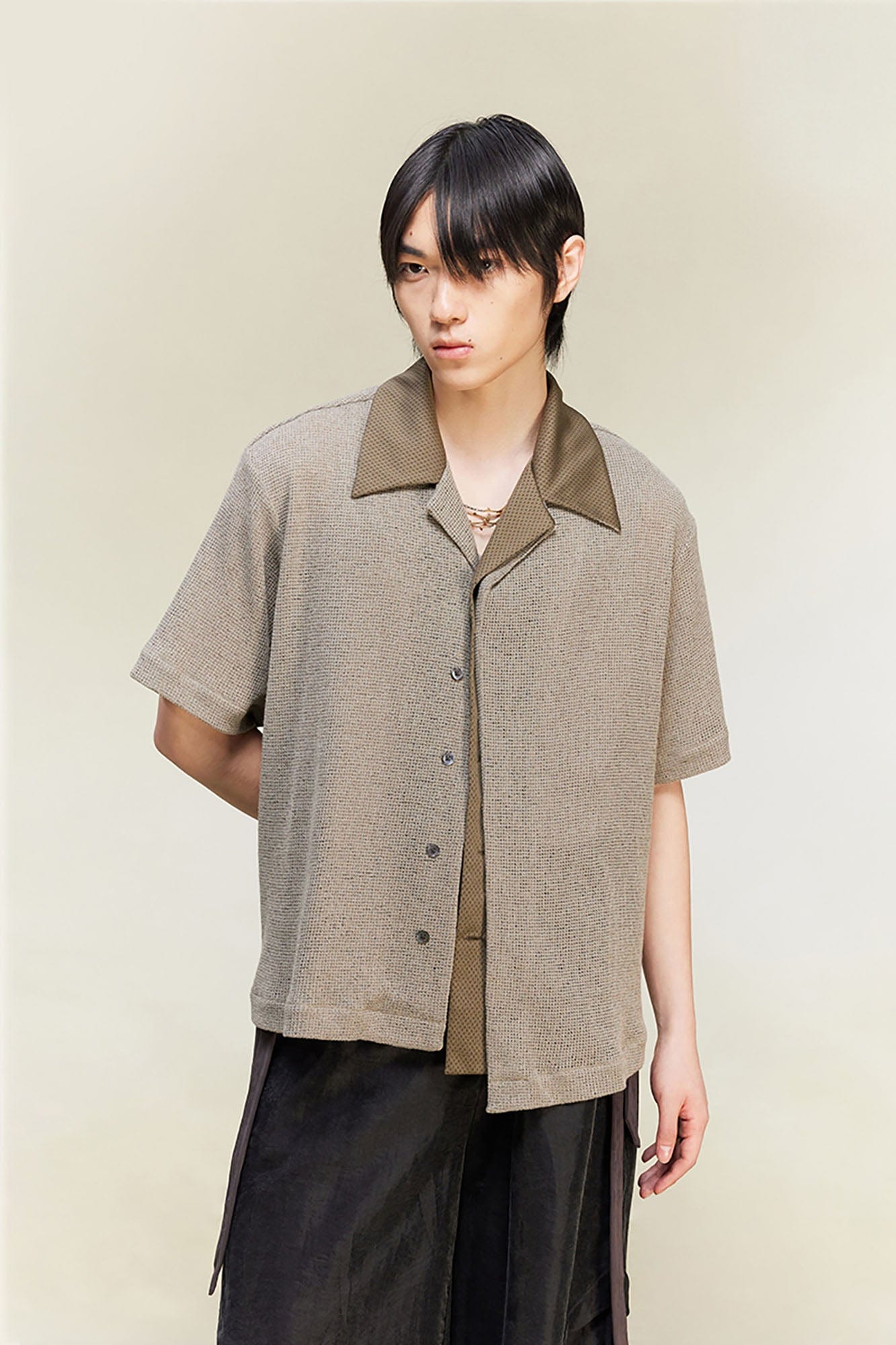 ALVNG AR ANTS Contrast Collar Knitted Texture Half Shirt, premium urban and streetwear designers apparel on PROJECTISR.com, ALVNG AR ANTS