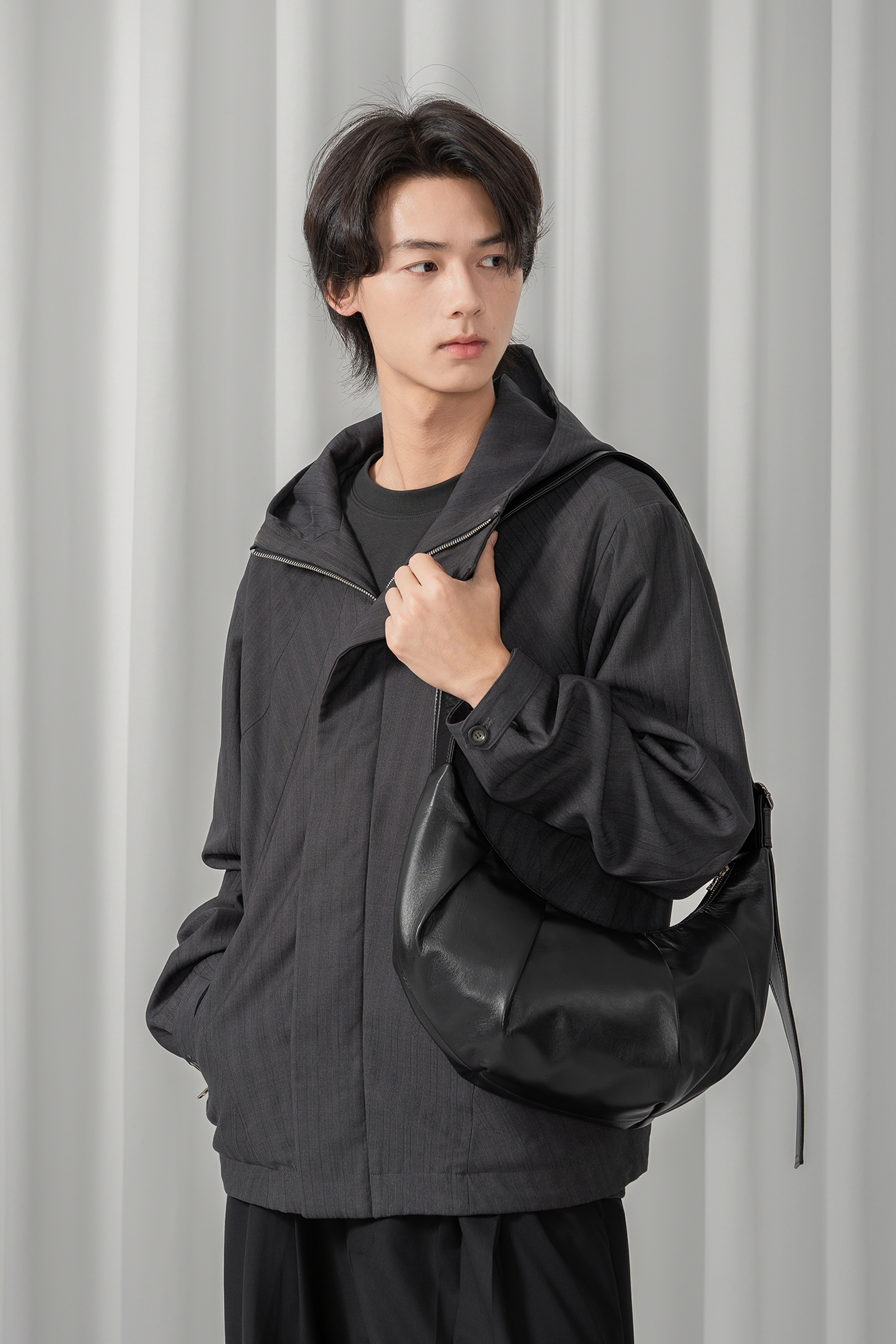MOITIEDEPETALE Striped Magnetic-Front Hooded Coat